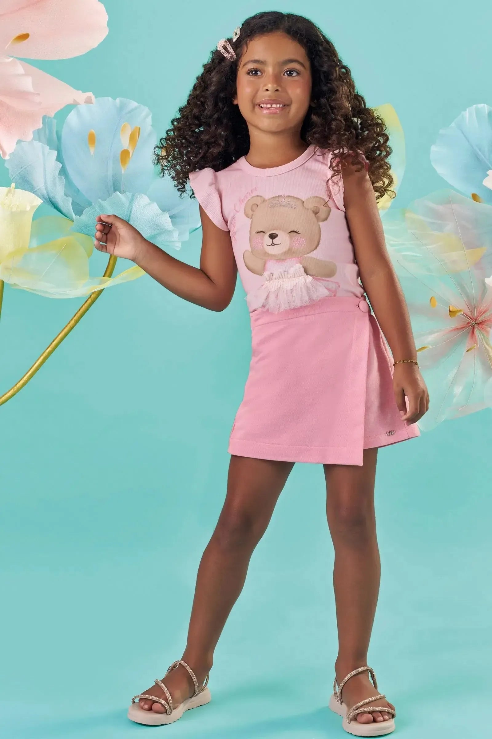 Conjunto de Blusa em Canelado e Short Saia em Moletom sem Pelúcia 87324 Kukiê Infantil Menina