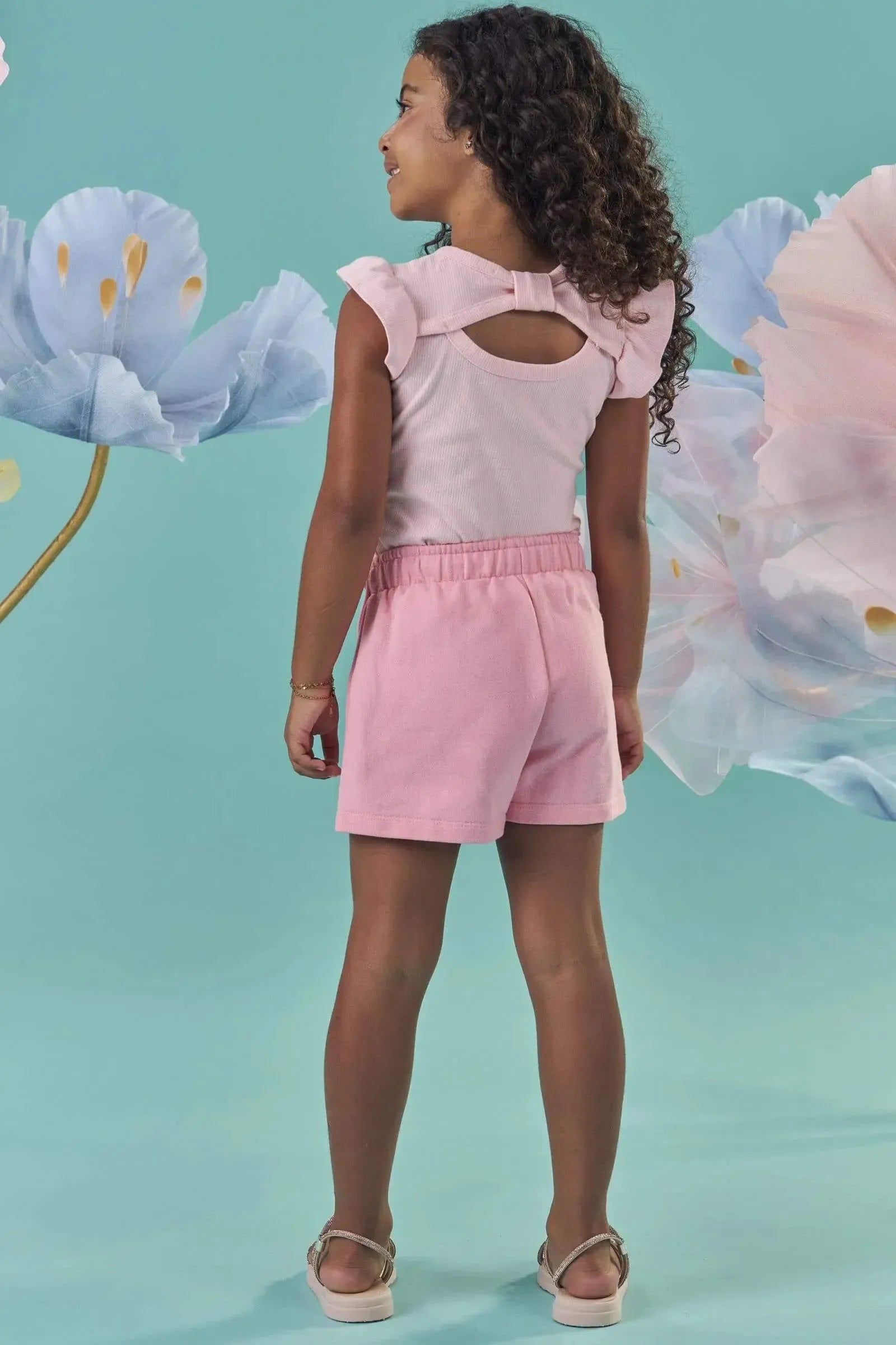 Conjunto de Blusa em Canelado e Short Saia em Moletom sem Pelúcia 87324 Kukiê Infantil Menina