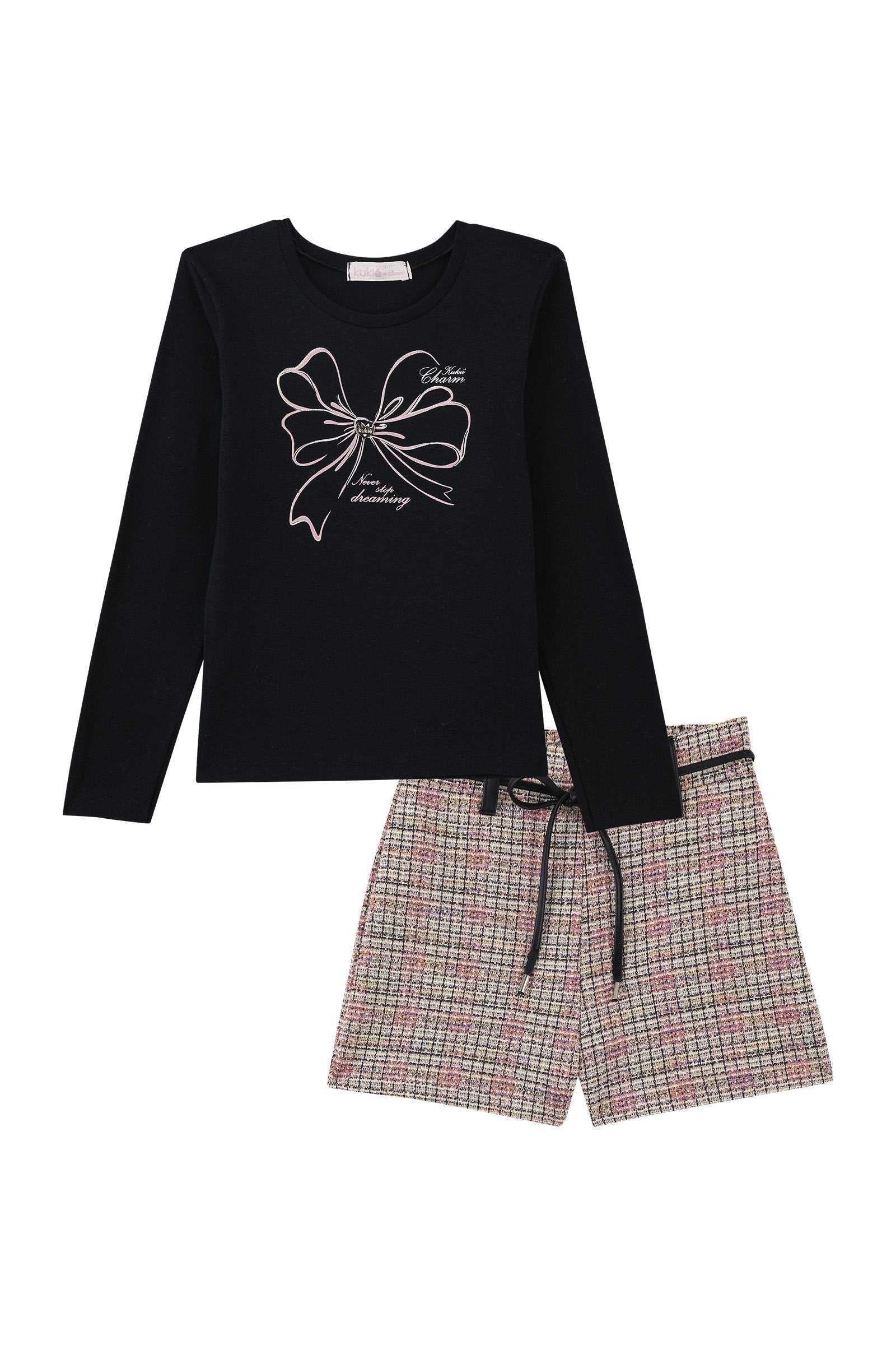 Conjunto de Blusa em Canelado e Shorts em Malha Tweed Shine 91822 Kukiê Infantil Menina