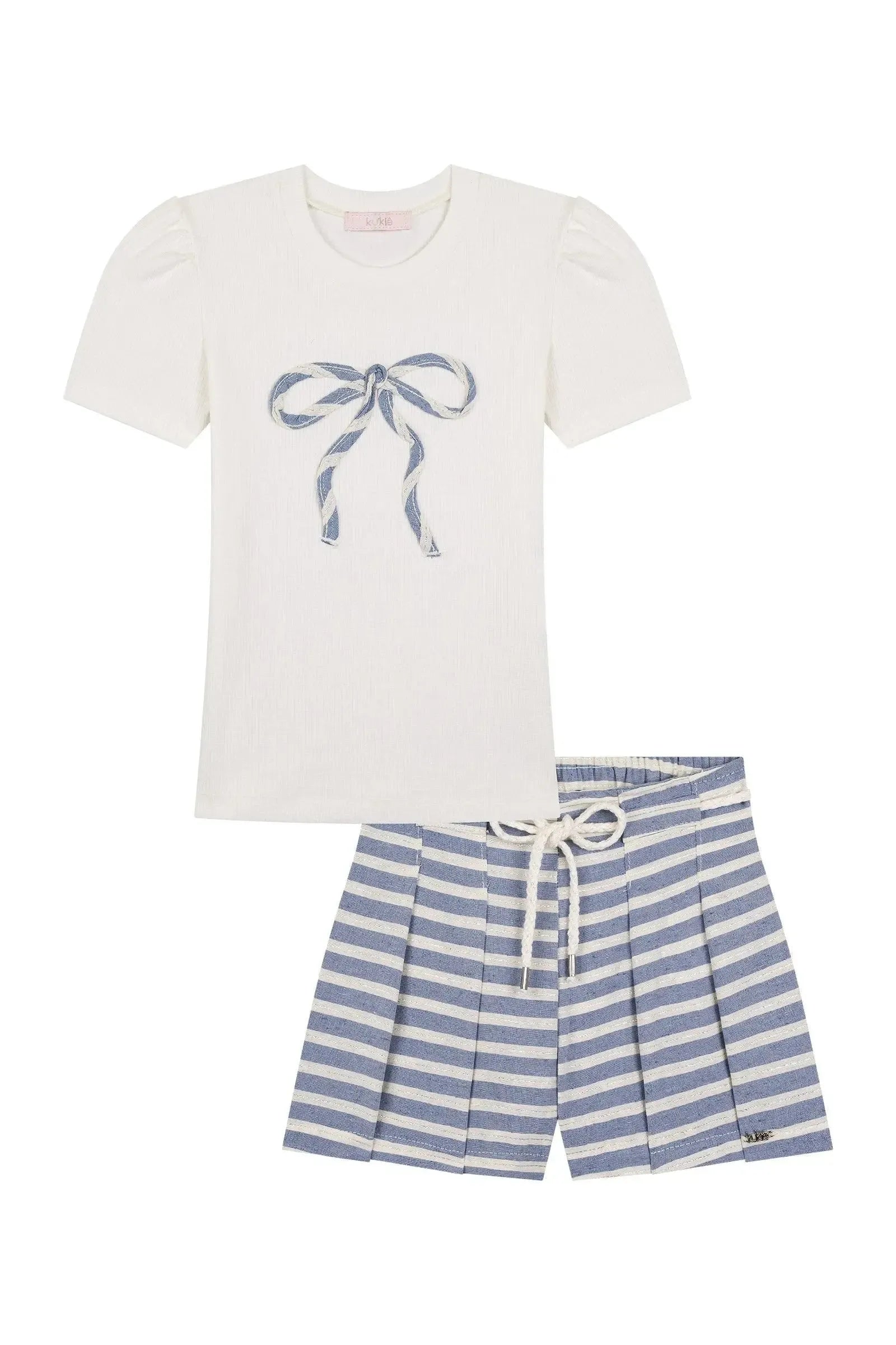 Conjunto de Blusa em Canelado e Shorts em Tricoline Listrado 87791 Kukiê Infantil Menina