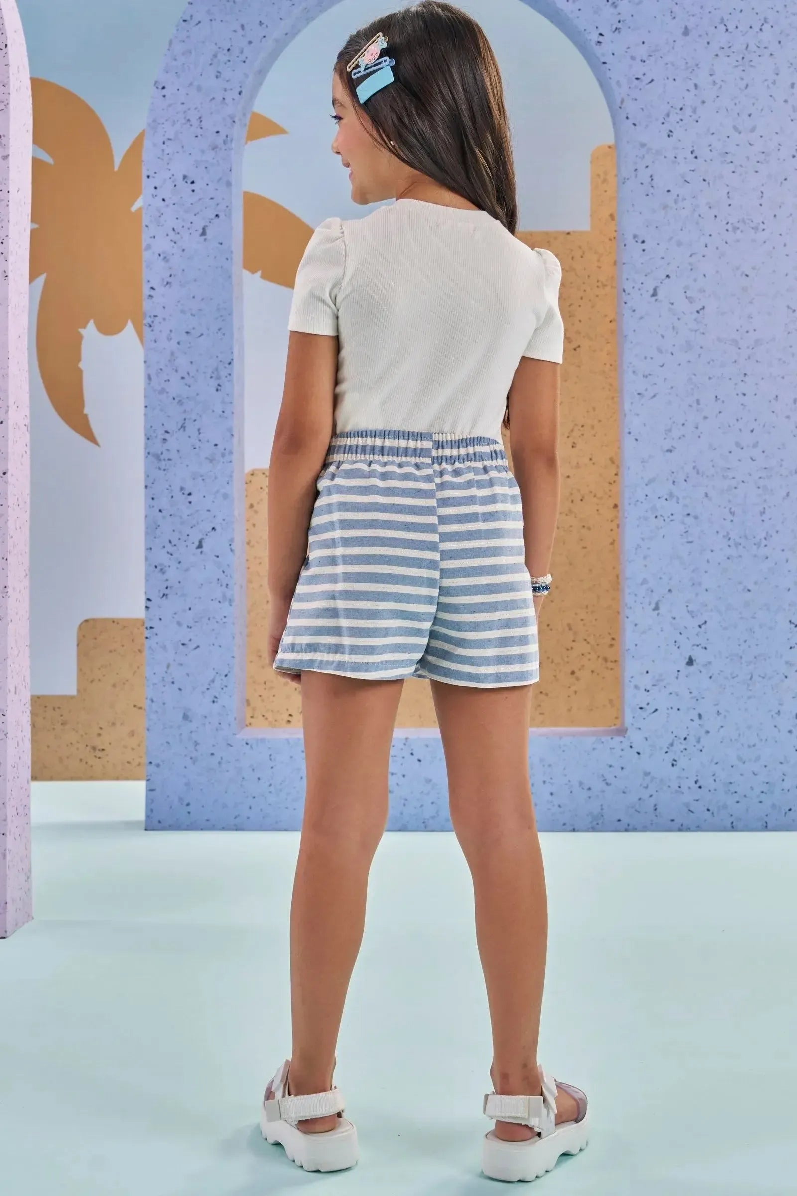 Conjunto de Blusa em Canelado e Shorts em Tricoline Listrado 87791 Kukiê Infantil Menina