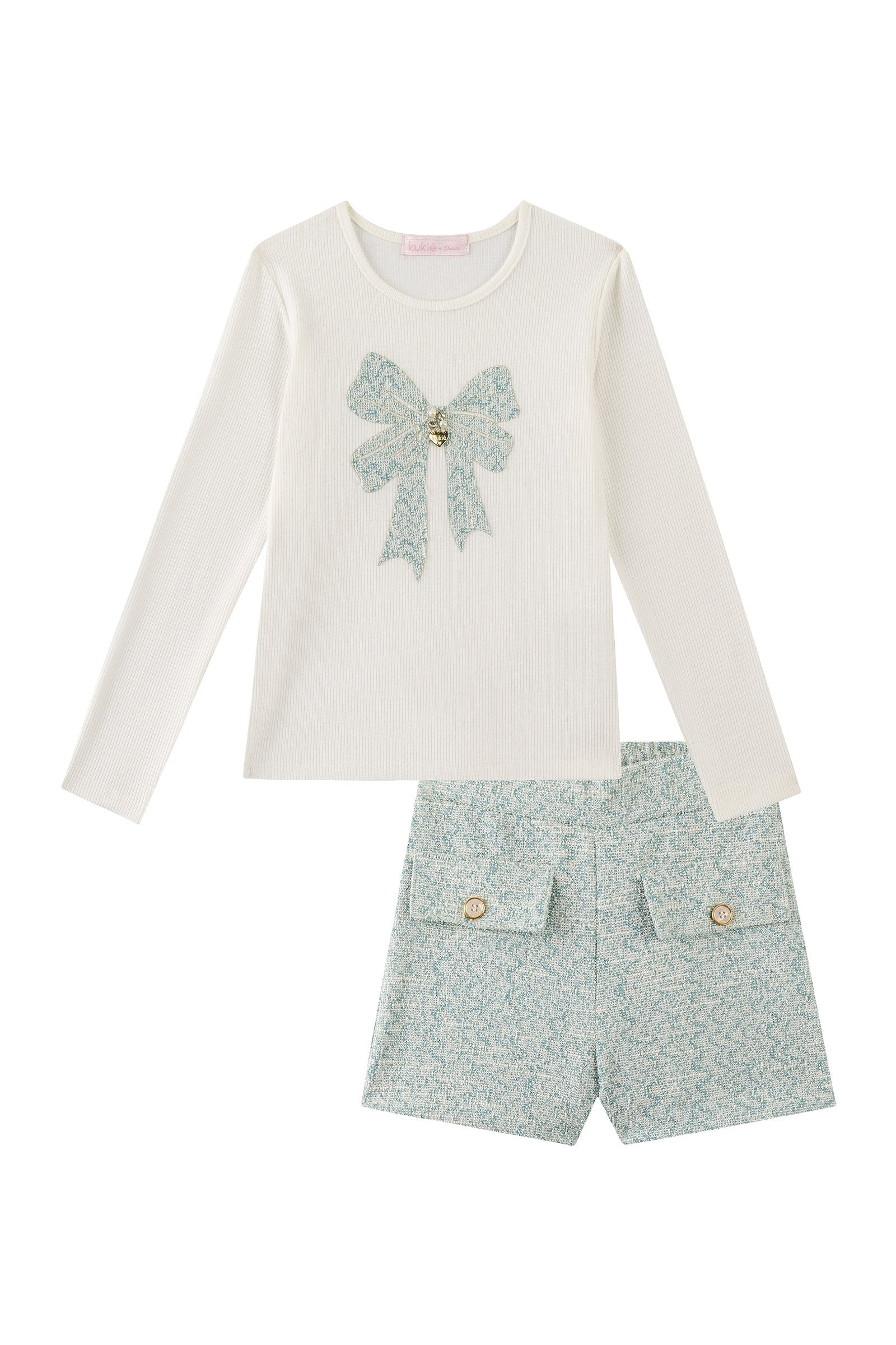 Conjunto de Blusa em Canelado e Shorts em Tweed Comfy 90917 Kukiê Infantil Menina