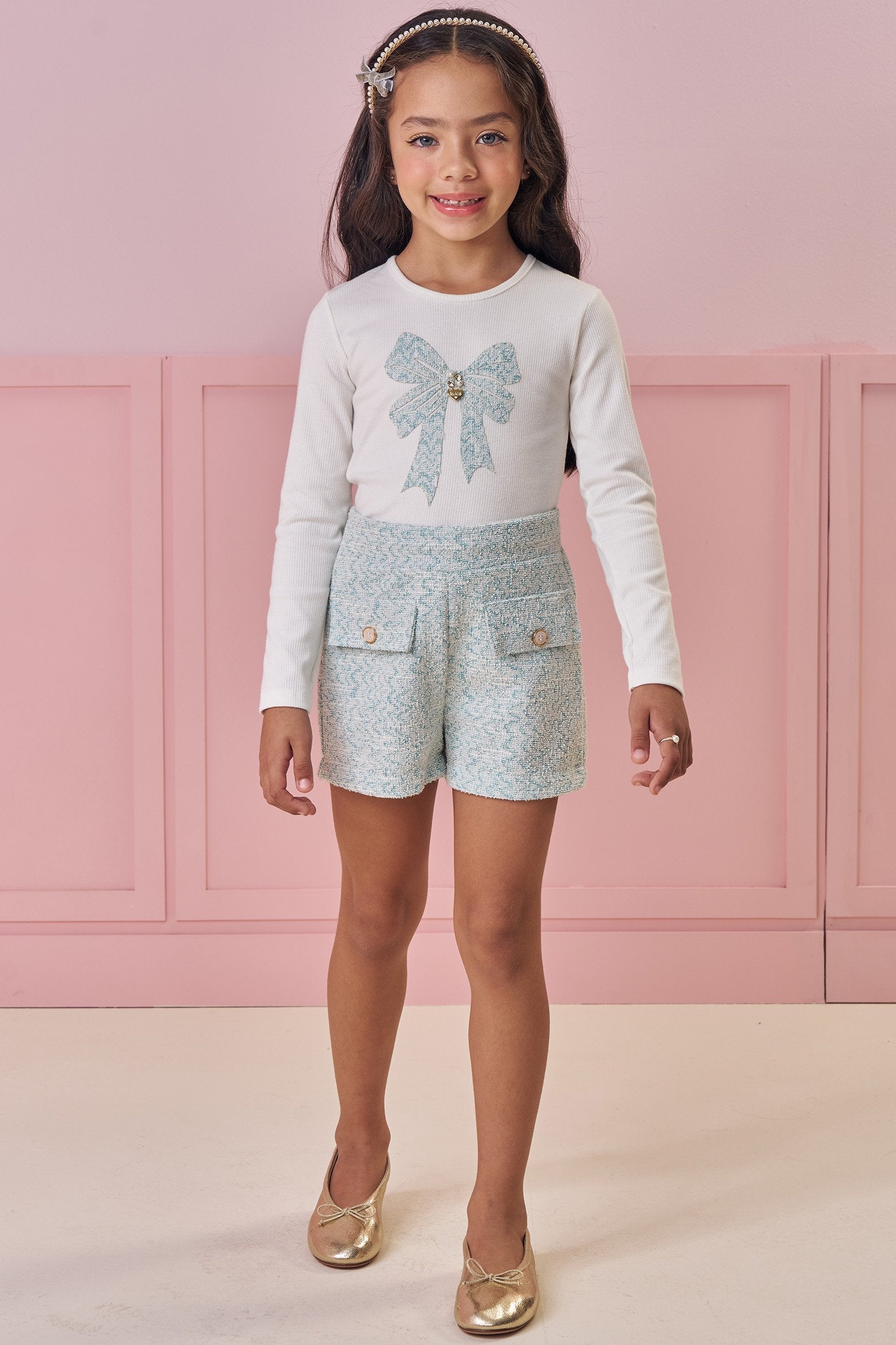 Conjunto de Blusa em Canelado e Shorts em Tweed Comfy 90917 Kukiê Infantil Menina