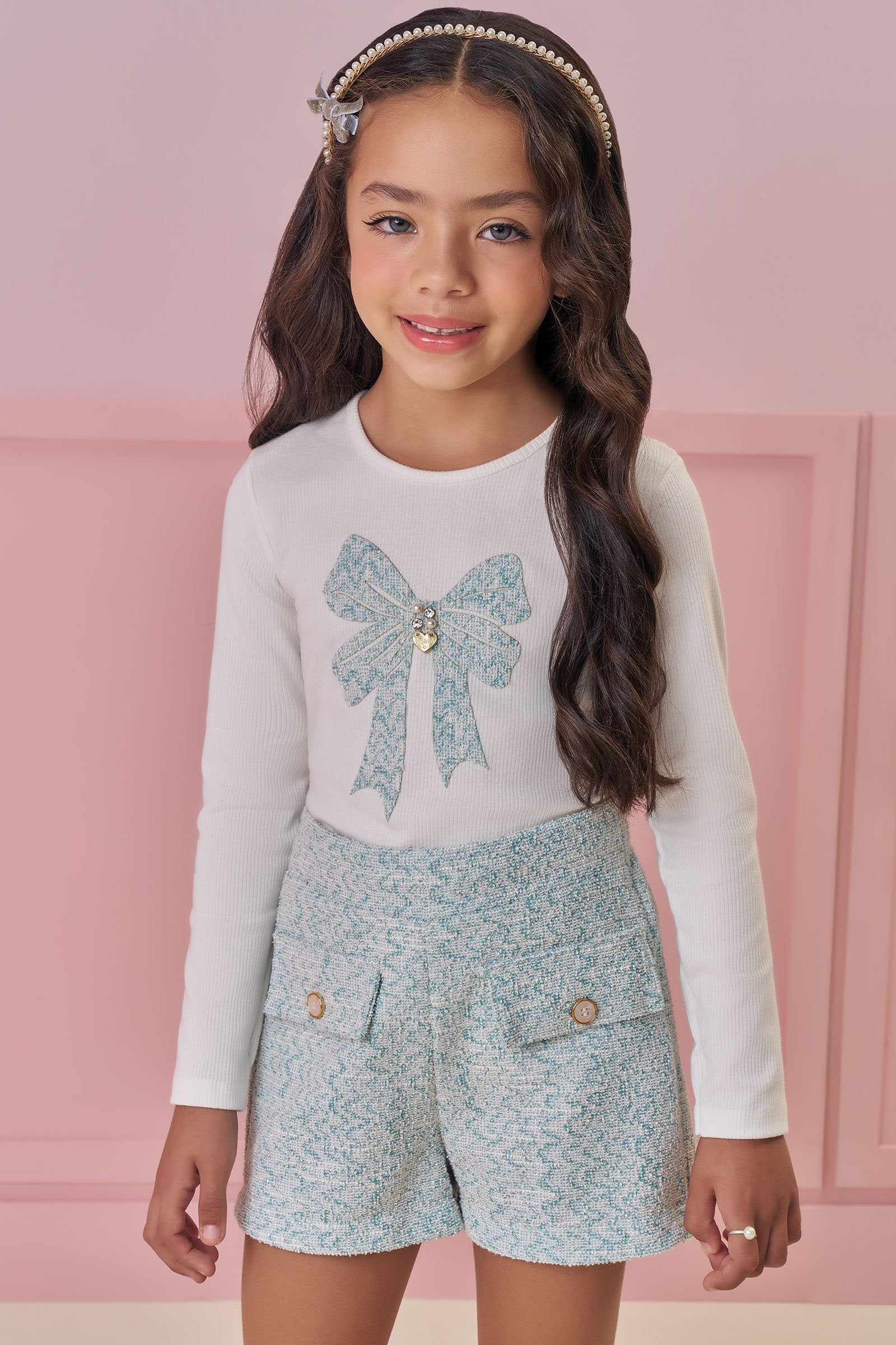 Conjunto de Blusa em Canelado e Shorts em Tweed Comfy 90917 Kukiê Infantil Menina