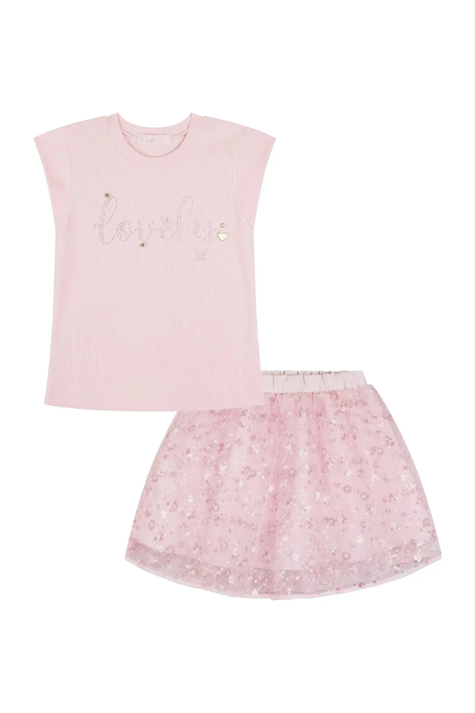 Conjunto de Blusa em Canelado Liz e Saia em Tule Bordado Paetê com Shorts Embutido 90414 Kukiê Infantil Menina