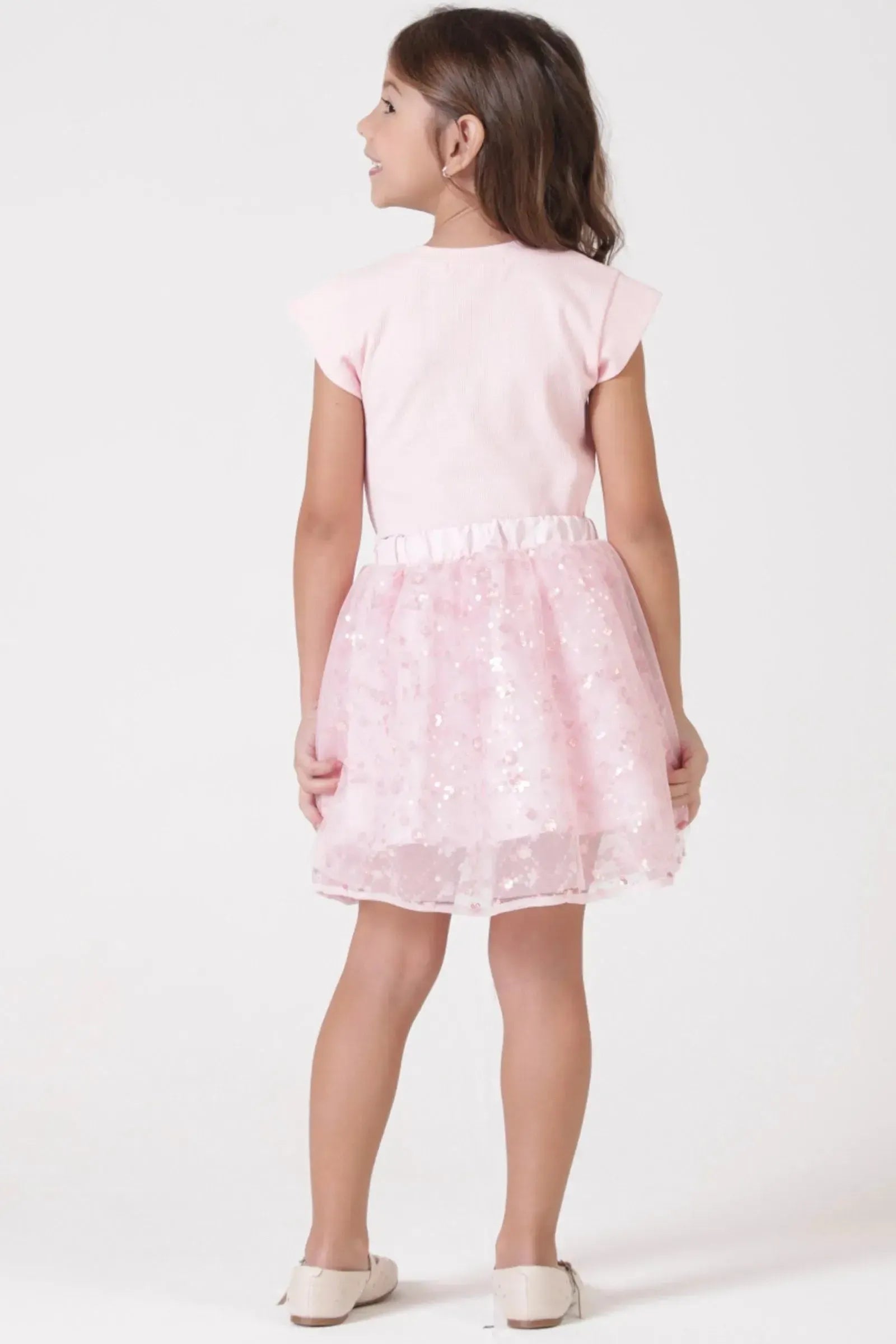 Conjunto de Blusa em Canelado Liz e Saia em Tule Bordado Paetê com Shorts Embutido 90414 Kukiê Infantil Menina