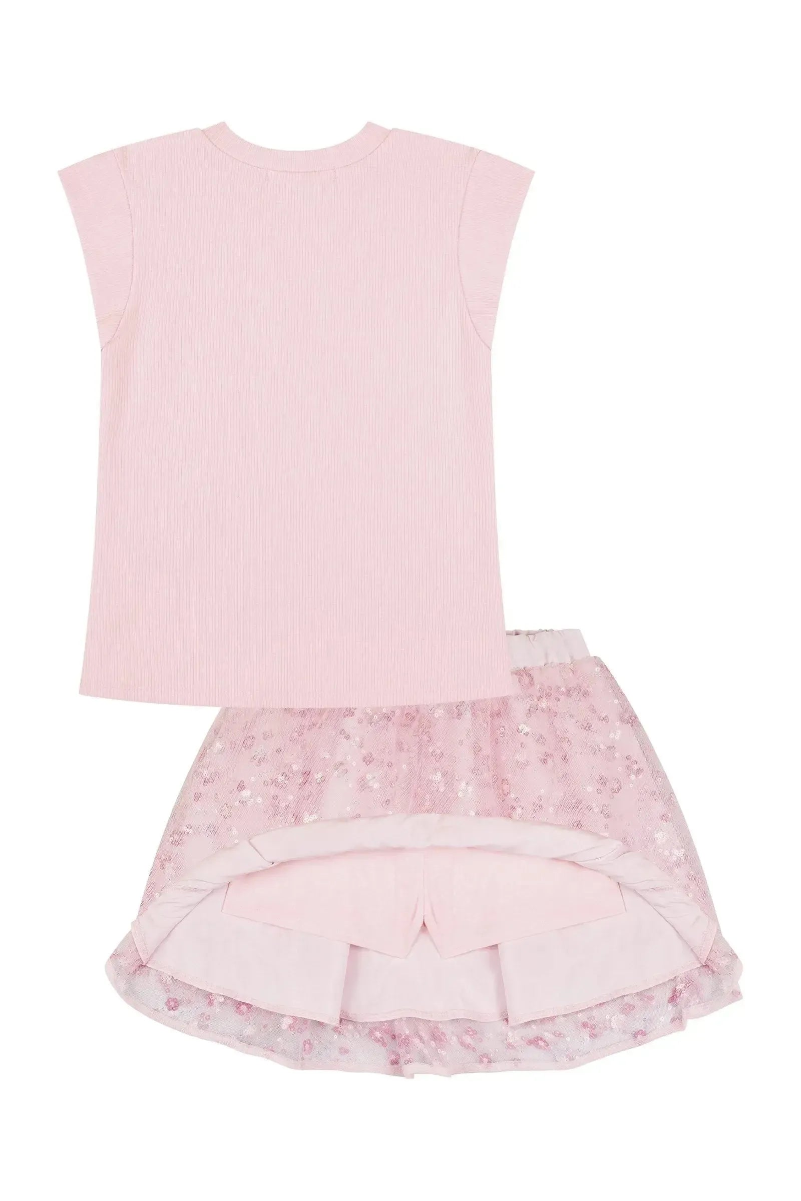 Conjunto de Blusa em Canelado Liz e Saia em Tule Bordado Paetê com Shorts Embutido 90414 Kukiê Infantil Menina