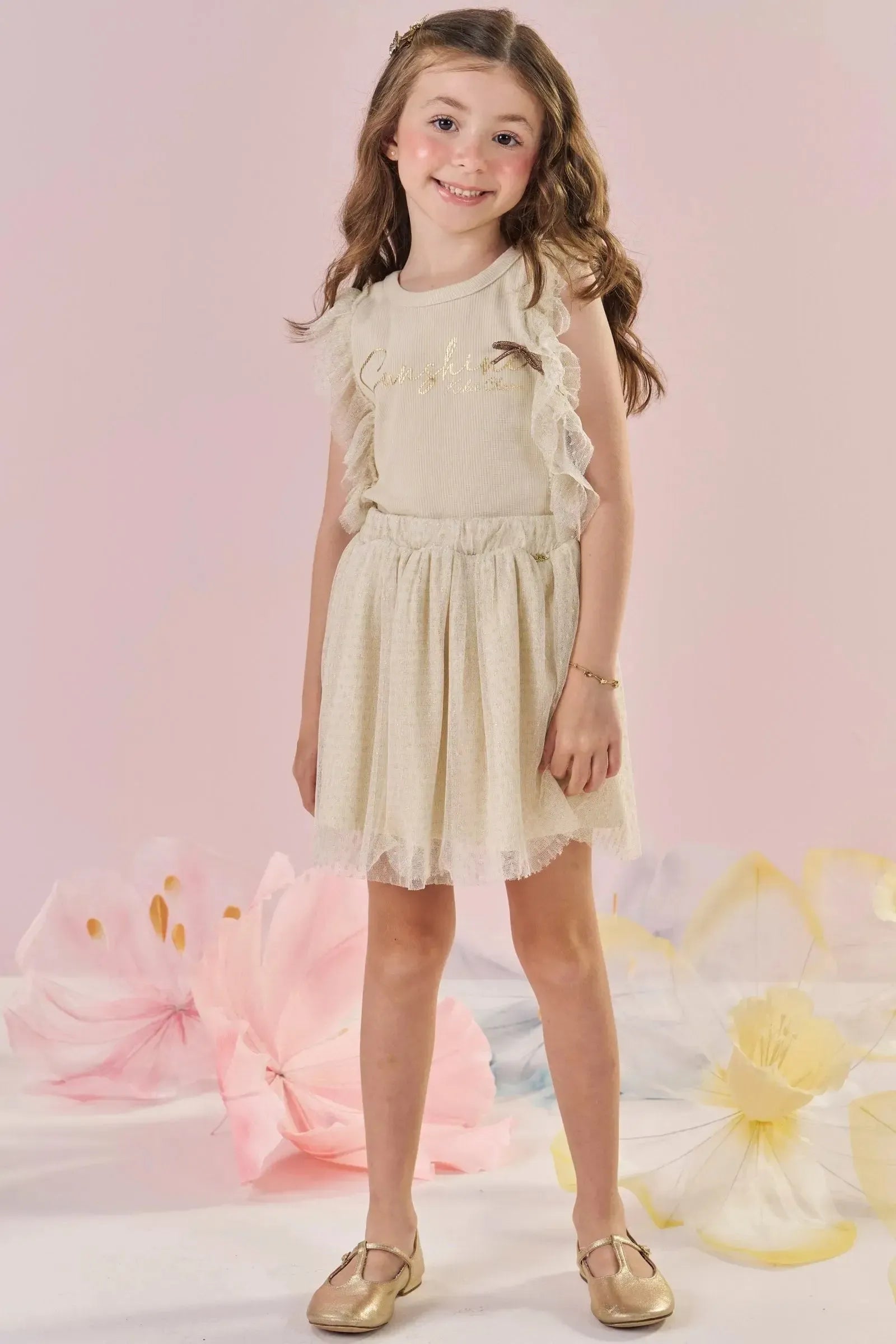 Conjunto de Blusa em Canelado Liz e Saia em Tule com Elastano com Shorts Embutido 87564 Kukiê Infantil Menina