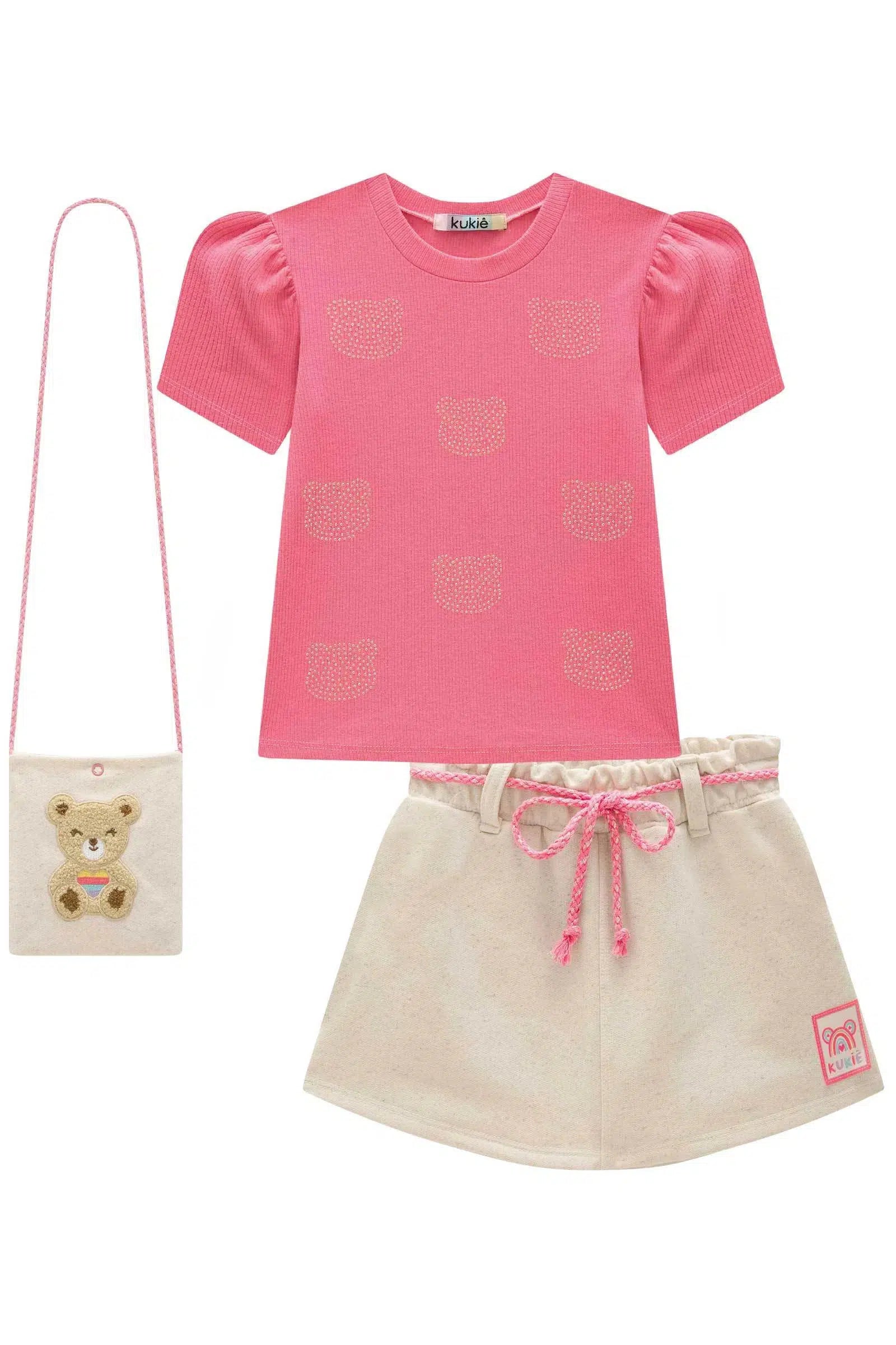 Conjunto Infantil Menina de Blusa em Canelado Liz e Short Saia em Moletom sem Pelúcia (acompanha Bolsa) 82269 Kukiê