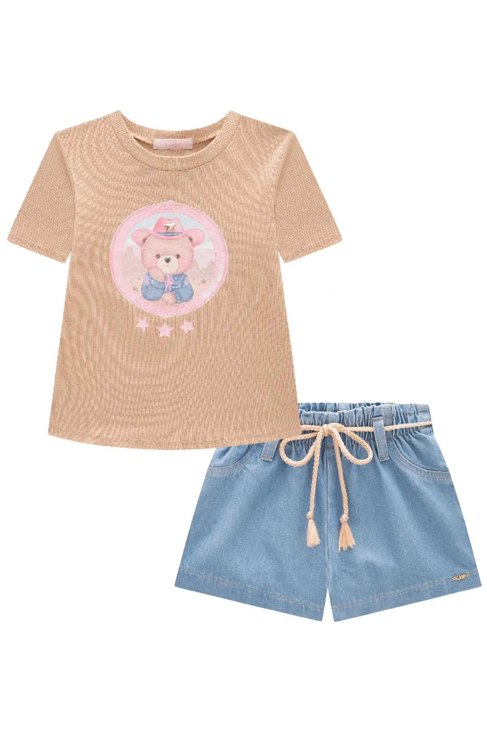 Conjunto Infantil Menina de Blusa em Canelado Liz e Shorts em Jeans 82385 Kukiê