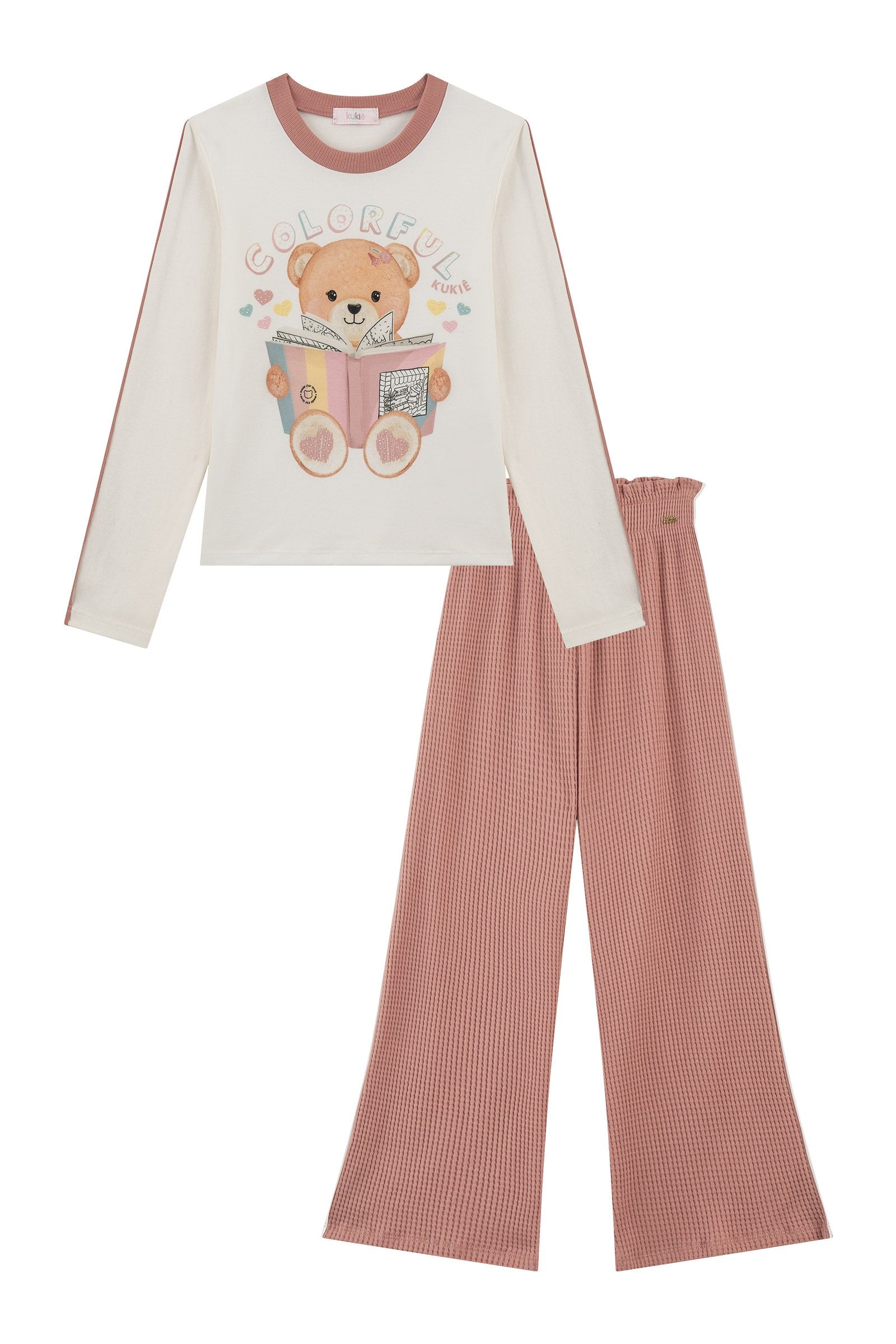 Conjunto de Blusa em Cotton e Calça em Malha Big Waffle 91718 Kukiê Infantil Menina