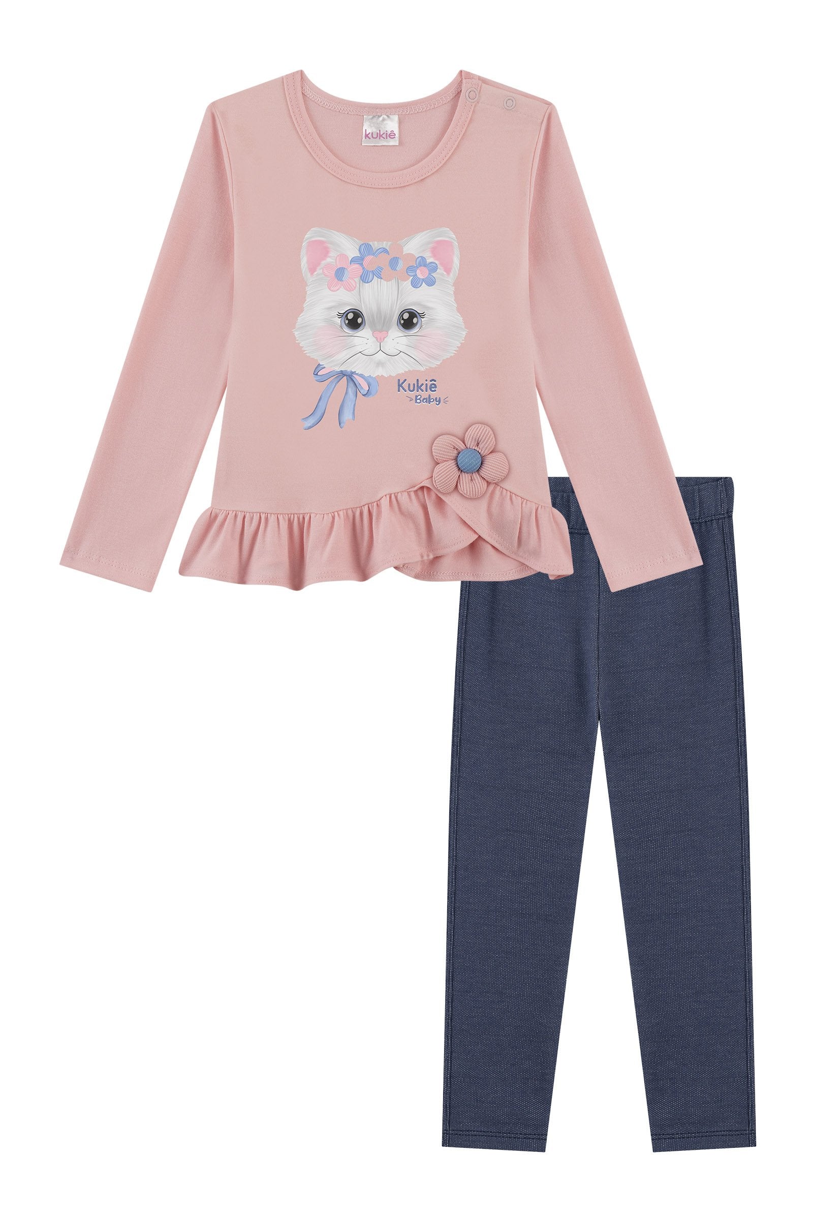 Conjunto de Blusa em Cotton e Calça em Malha Denim com Elastano 91882 Kukiê Bebê Menina