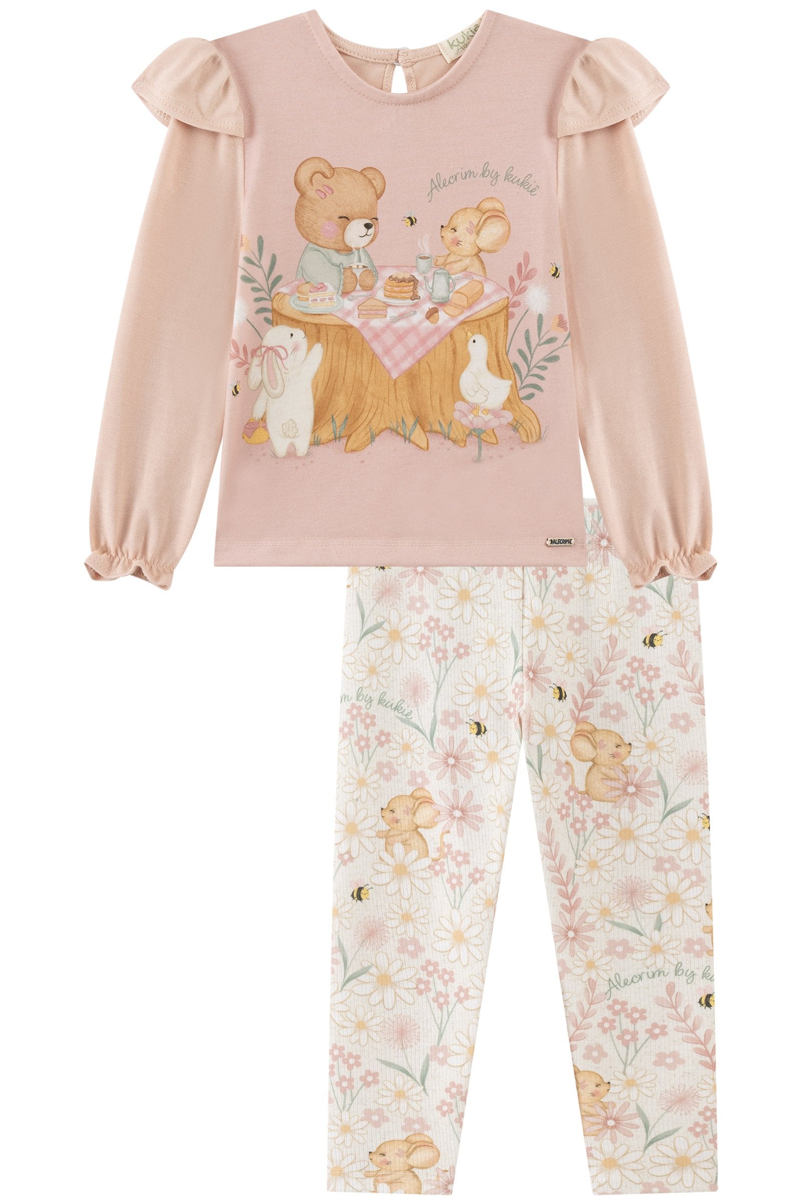 Conjunto de Blusa em Cotton e Calça Legging em Canelado 90300 Kukiê Bebê Menina