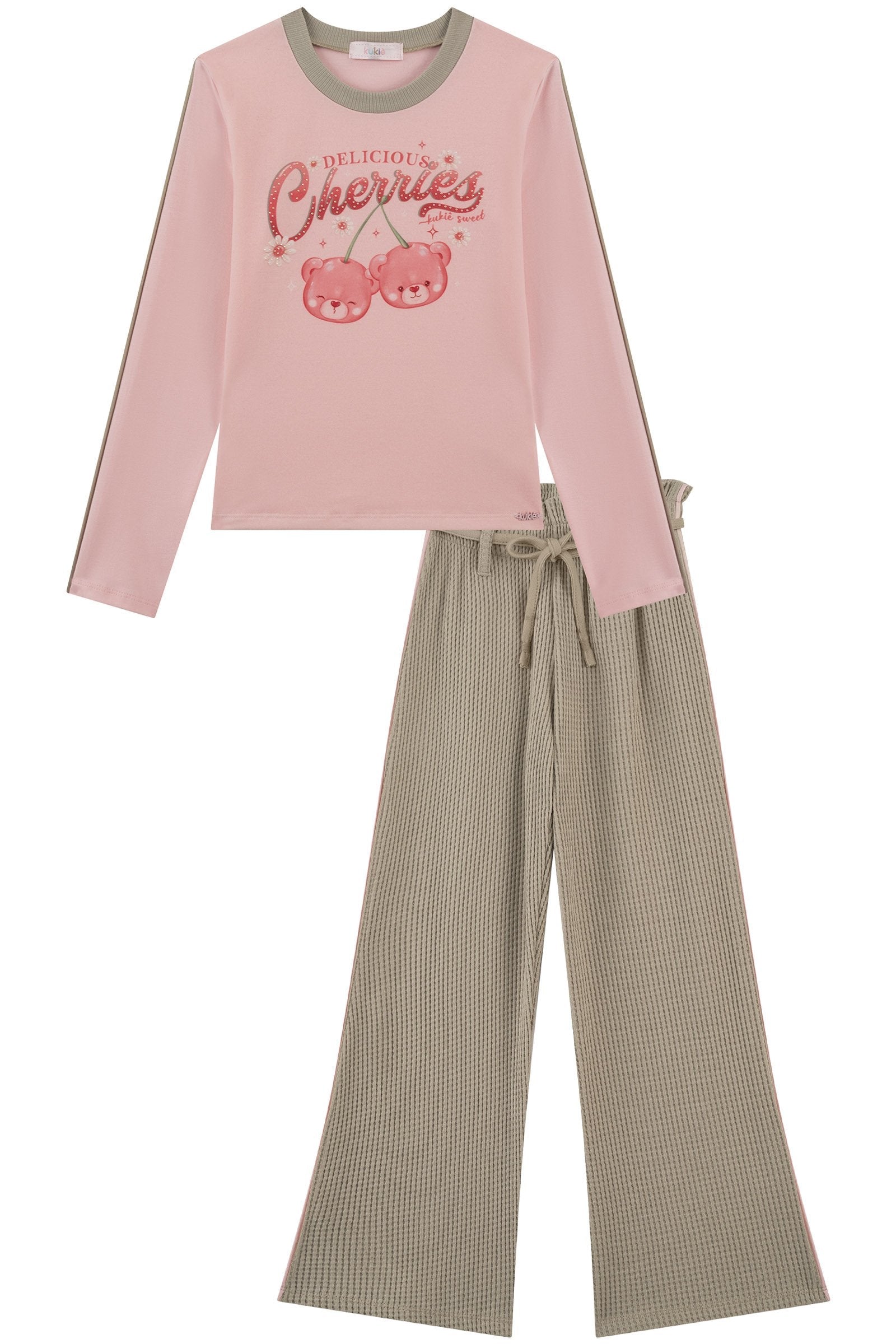 Conjunto de Blusa em Cotton e Calça Wide Leg em Malha Big Waffle 91682 Kukiê Infantil Menina