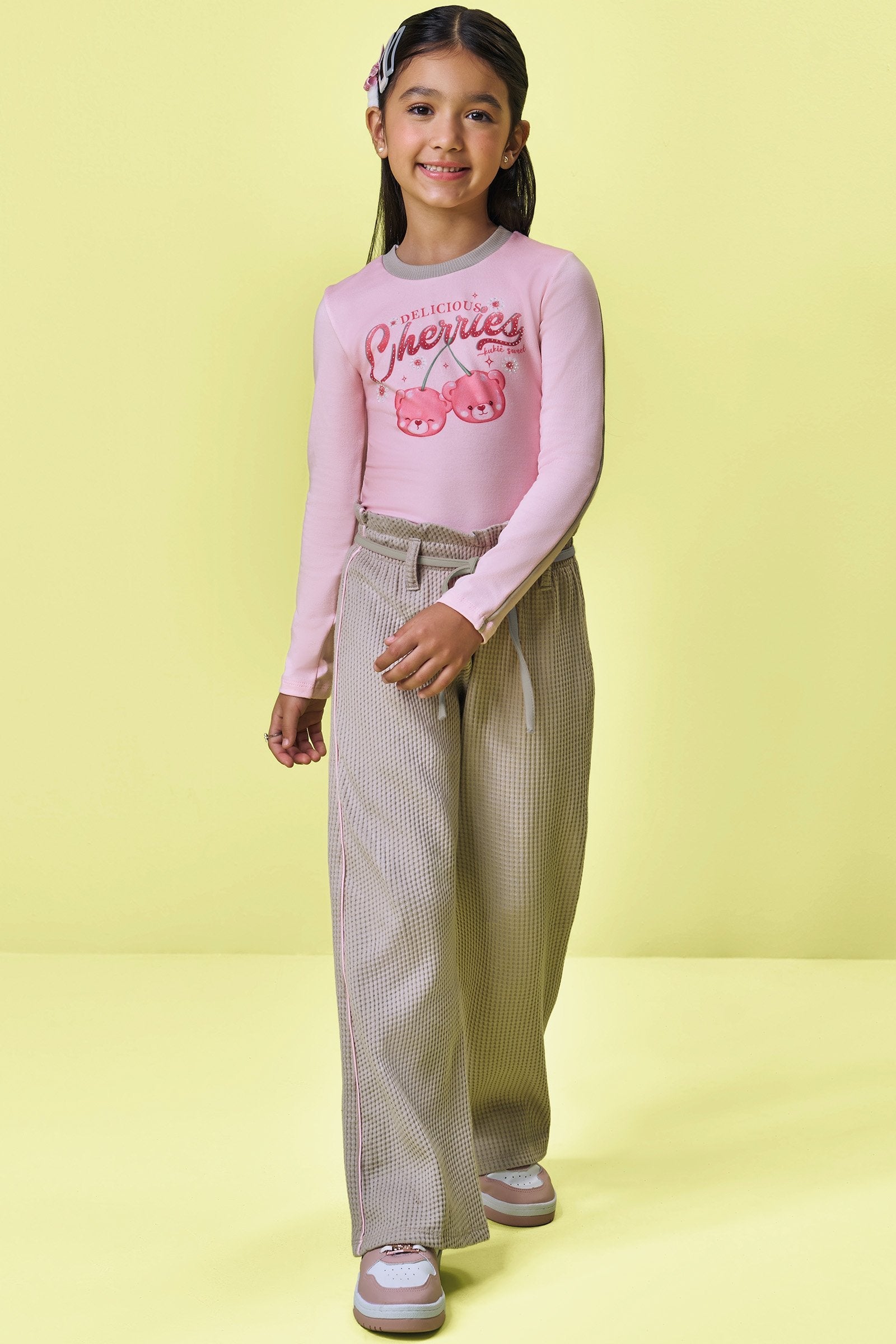 Conjunto de Blusa em Cotton e Calça Wide Leg em Malha Big Waffle 91682 Kukiê Infantil Menina