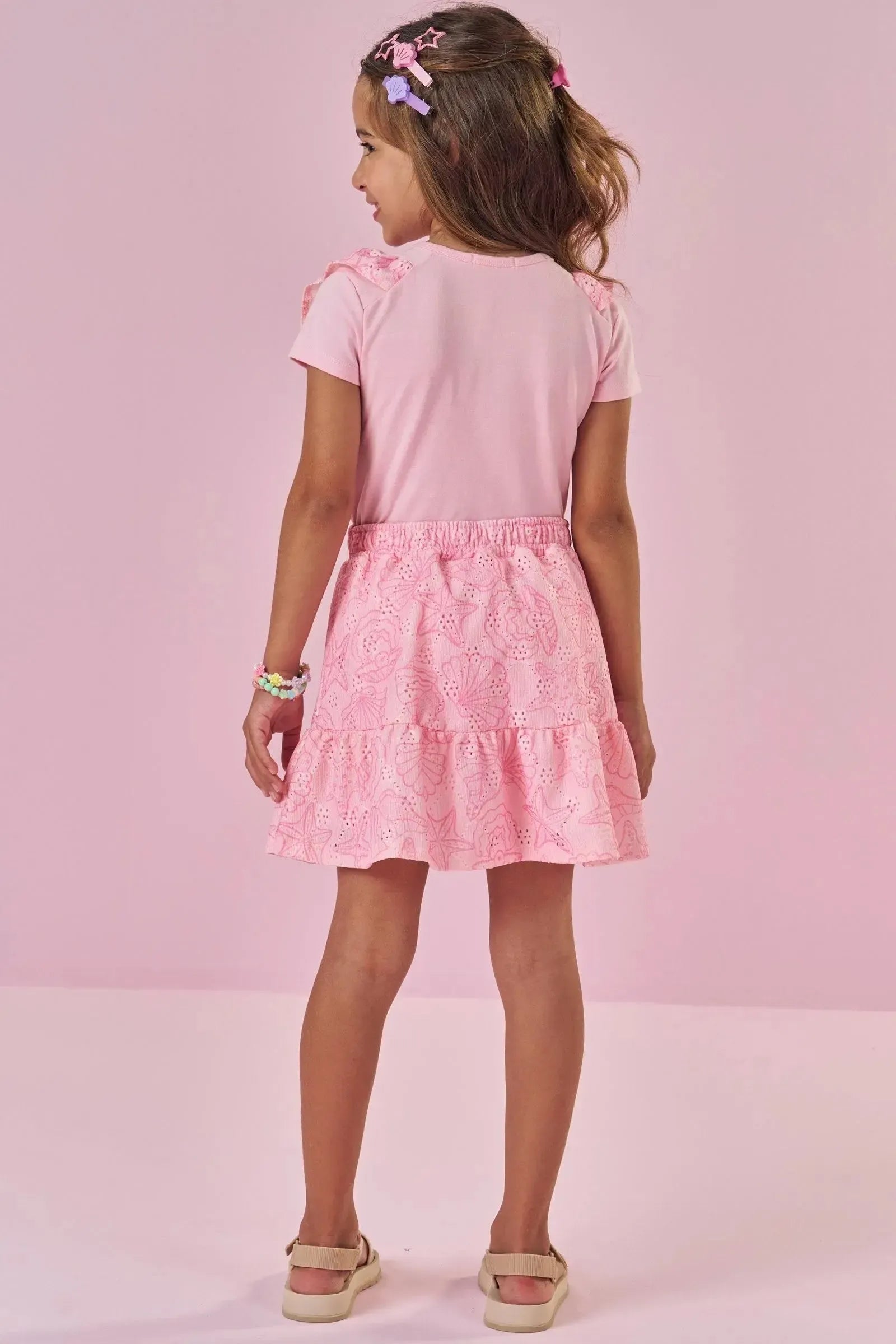 Conjunto de Blusa em Cotton e Saia em Malha Laise (com Shorts Embutido) 87662 Kukiê Infantil Menina