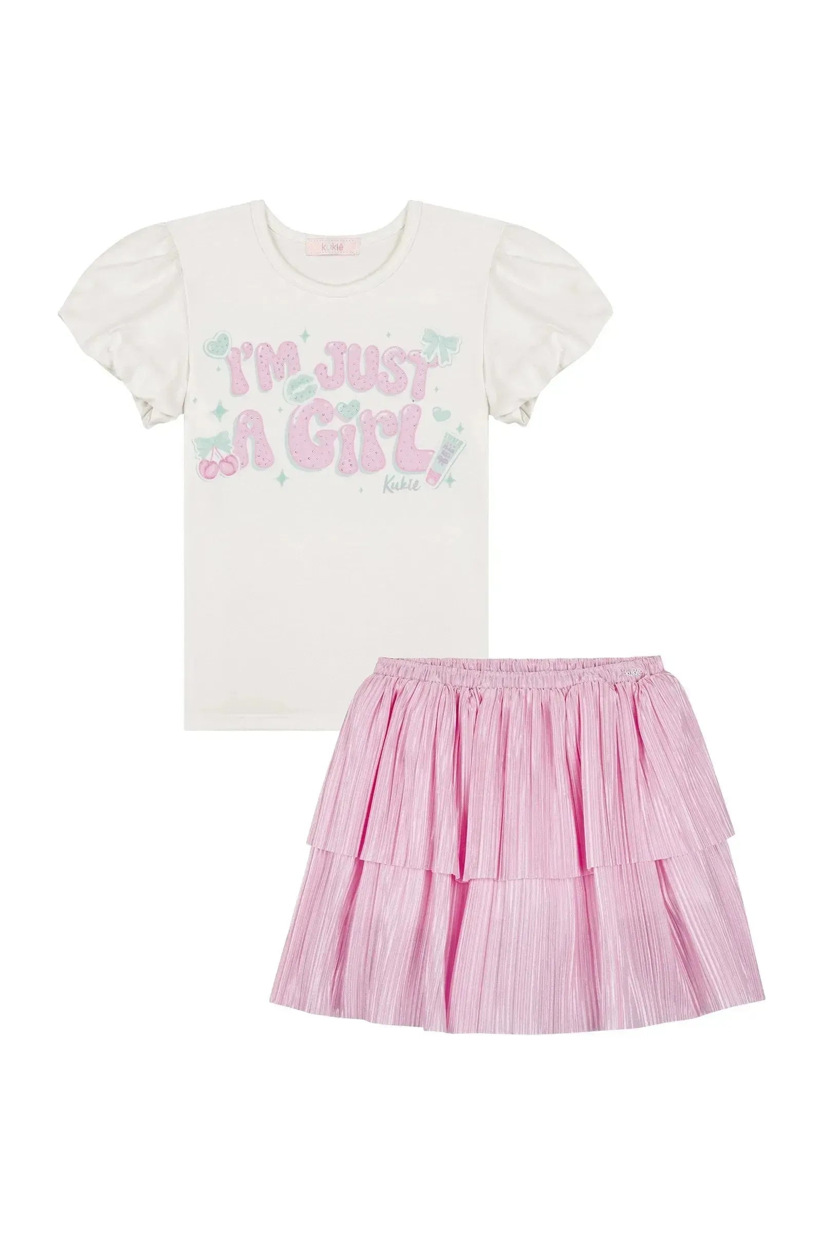 Conjunto de Blusa em Cotton e Saia em Malha Plissada Acetinada 87800 Kukiê Infantil Menina