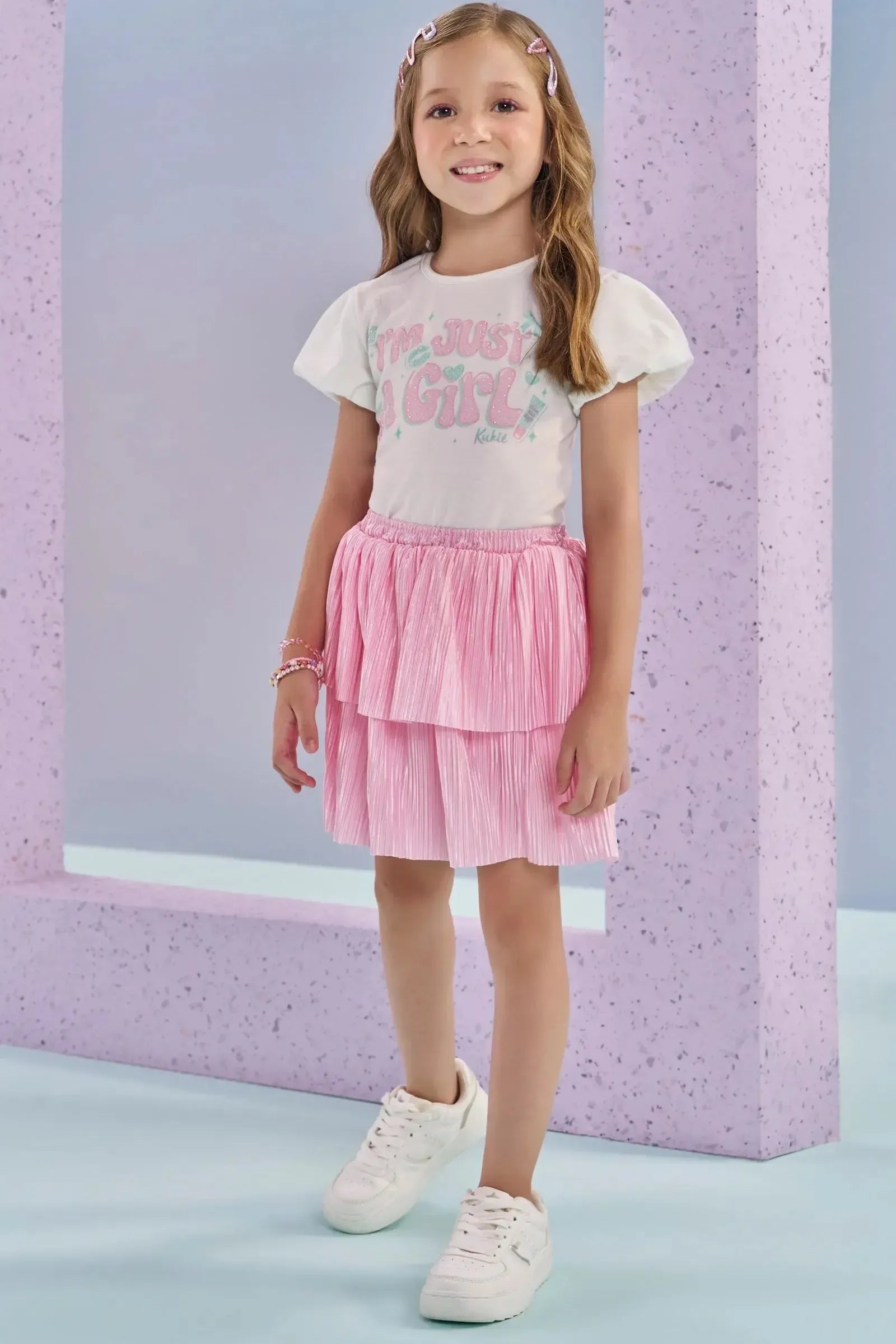 Conjunto de Blusa em Cotton e Saia em Malha Plissada Acetinada 87800 Kukiê Infantil Menina