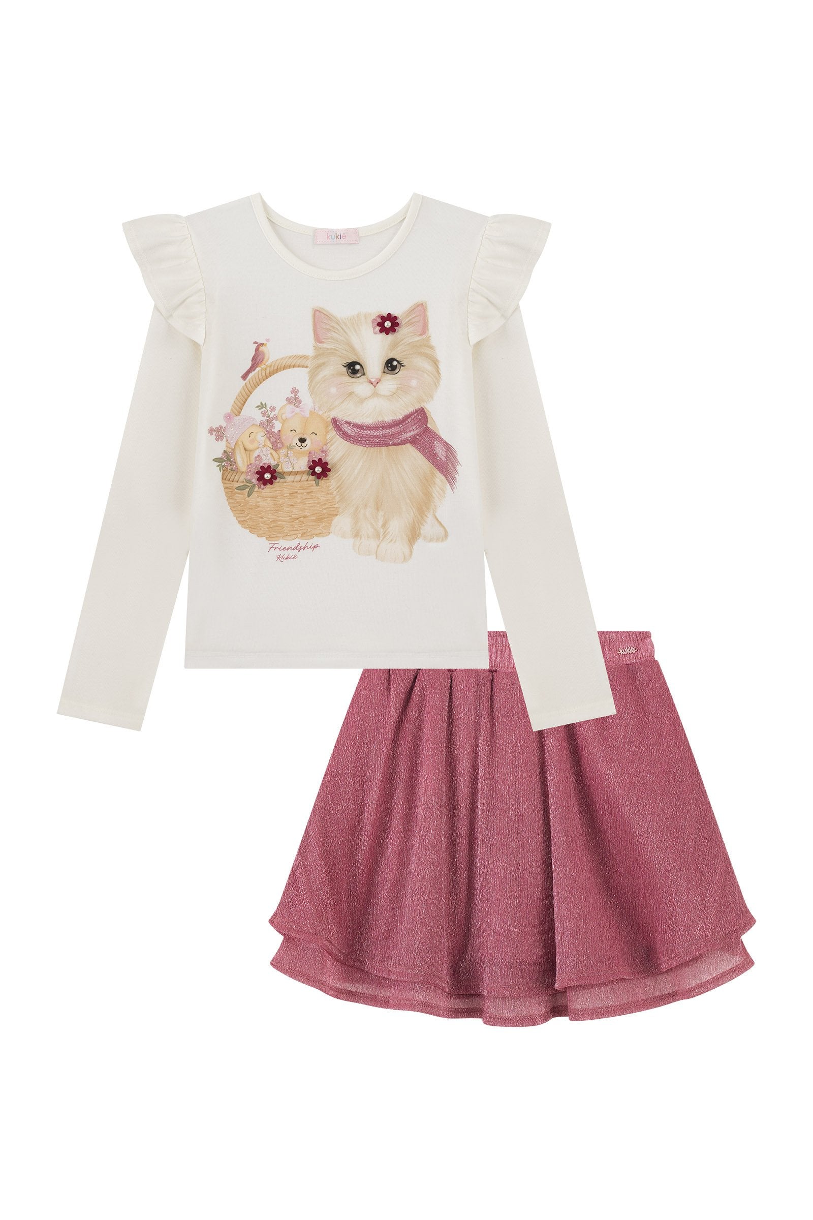 Conjunto de Blusa em Cotton e Saia em Malha Plissada Acetinada (com Shorts Embutido) 93191 Kukiê Infantil Menina