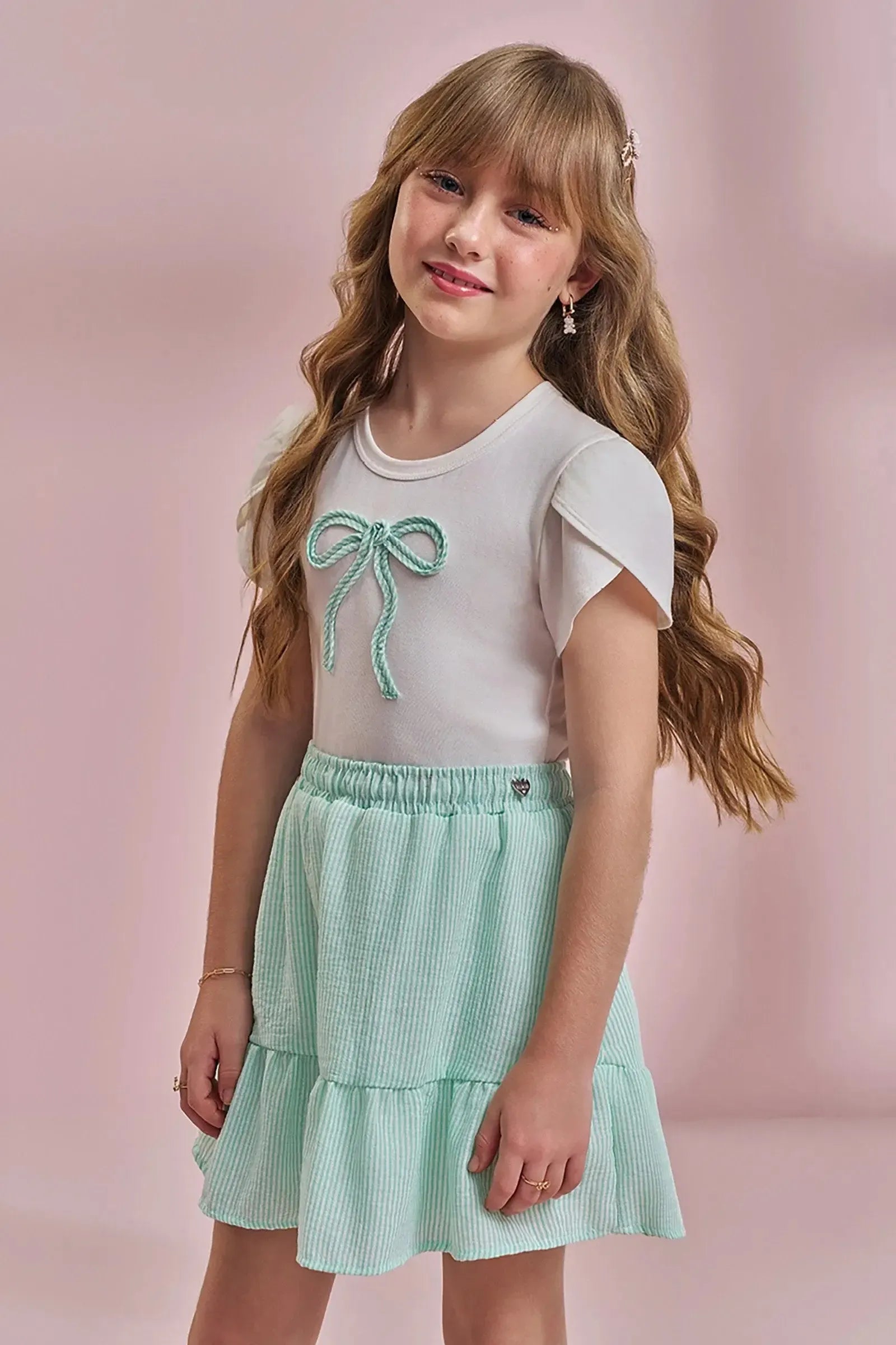 Conjunto de Blusa em Cotton e Saia em Tricoline Listrado 96431 Kukiê Infantil Menina