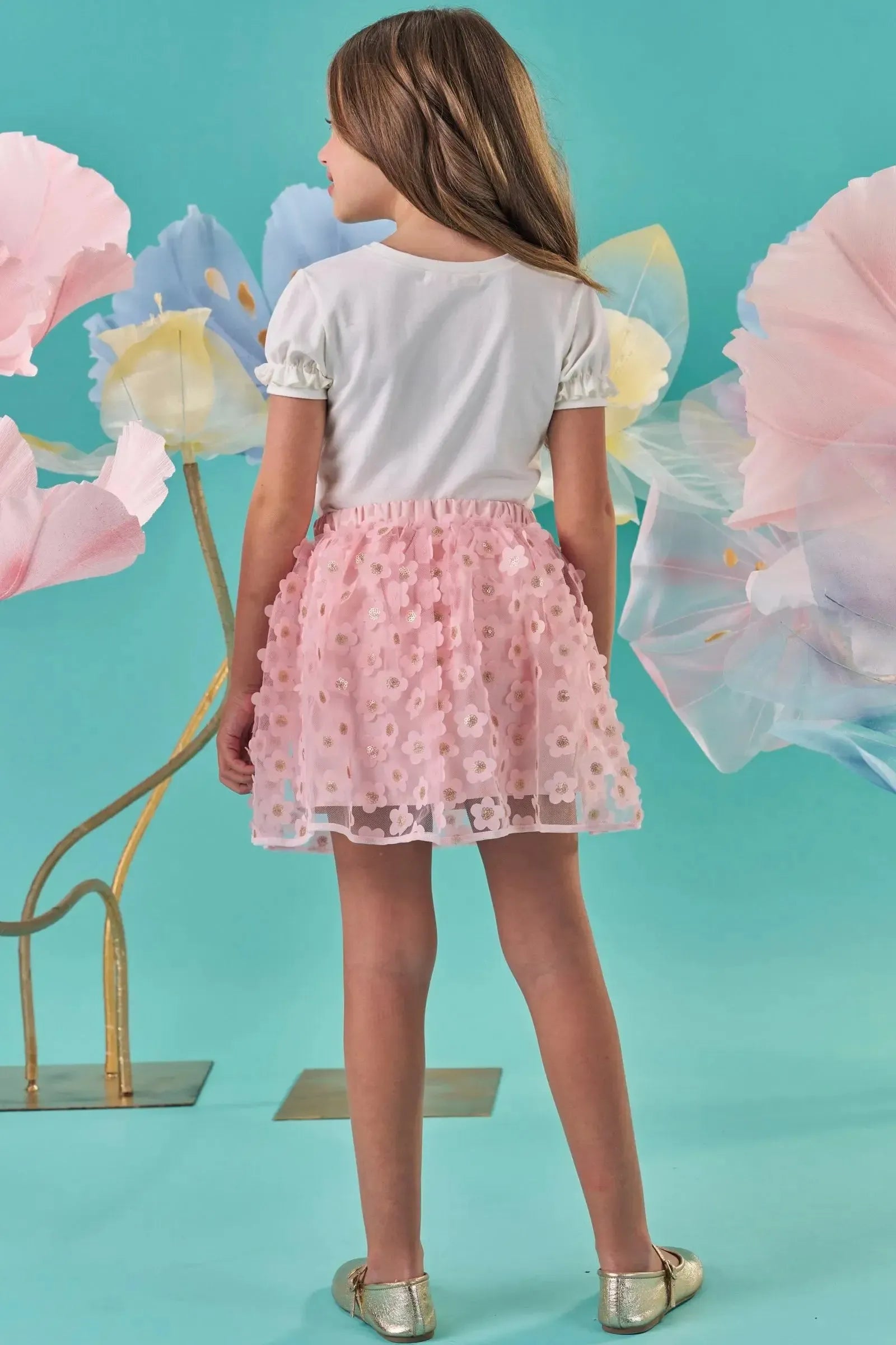 Conjunto de Blusa em Cotton e Saia em Tule Bordado Flores com Shorts Embutido 87329 Kukiê Infantil Menina