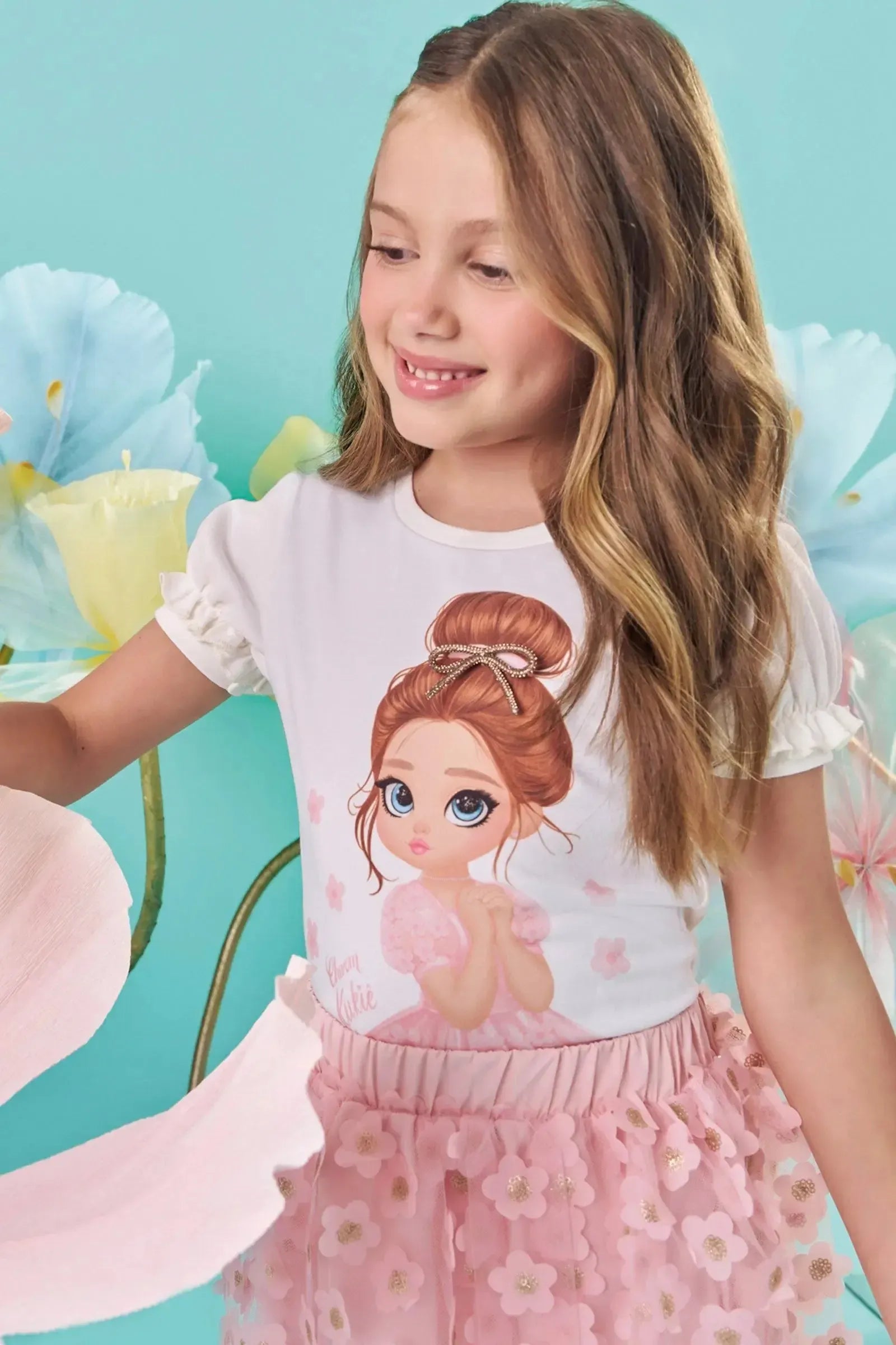 Conjunto de Blusa em Cotton e Saia em Tule Bordado Flores com Shorts Embutido 87329 Kukiê Infantil Menina