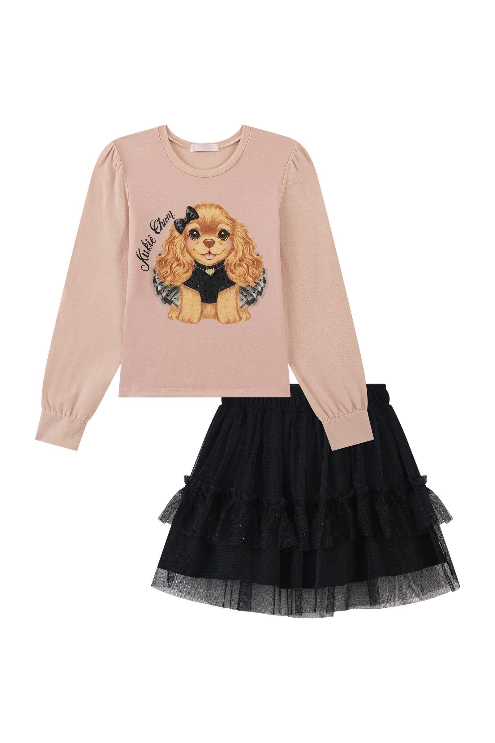 Conjunto de Blusa em Cotton e Saia em Tule com Elastano (com Shorts Embutido) 91832 Kukiê Infantil Menina