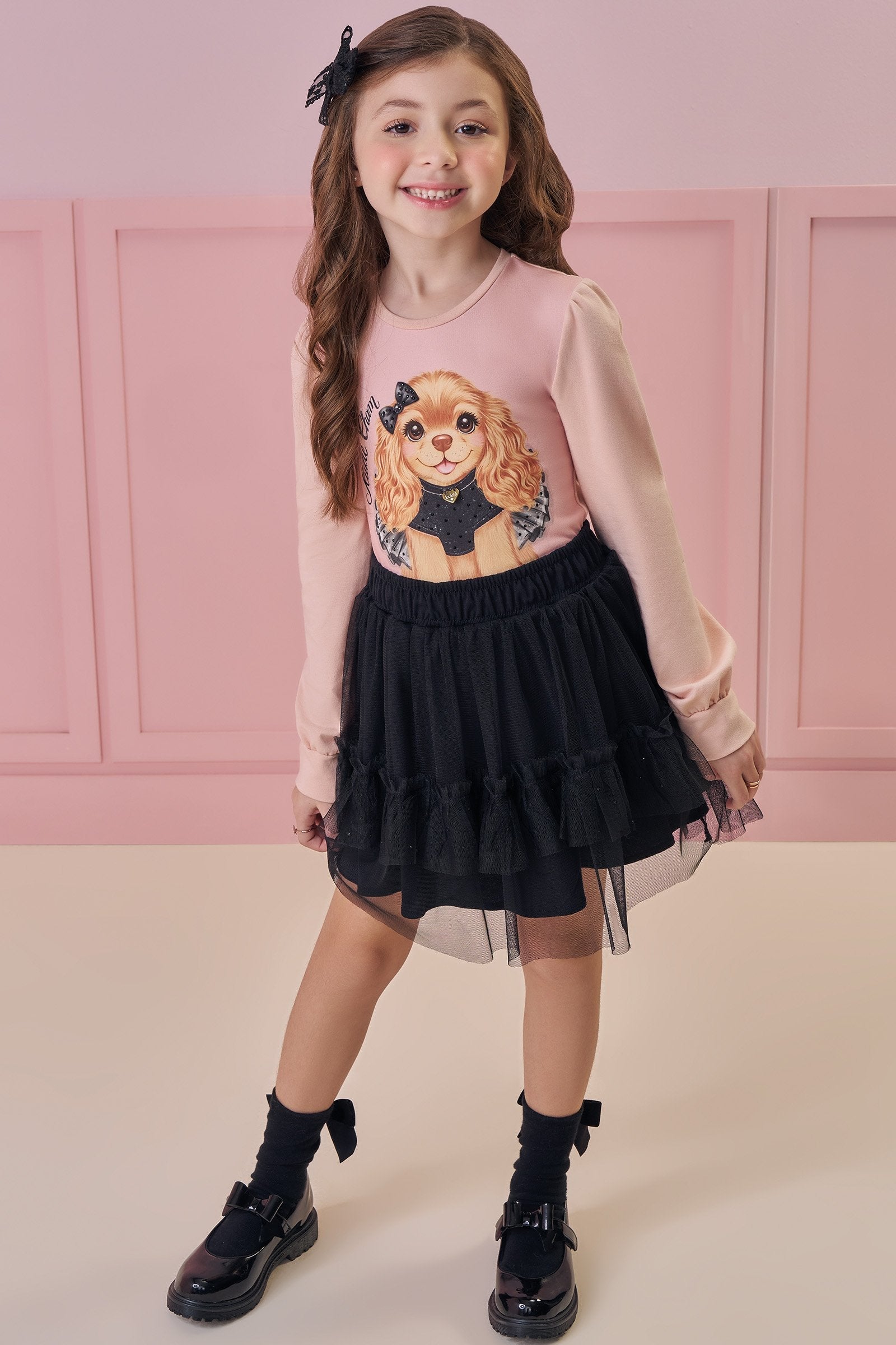 Conjunto de Blusa em Cotton e Saia em Tule com Elastano (com Shorts Embutido) 91832 Kukiê Infantil Menina