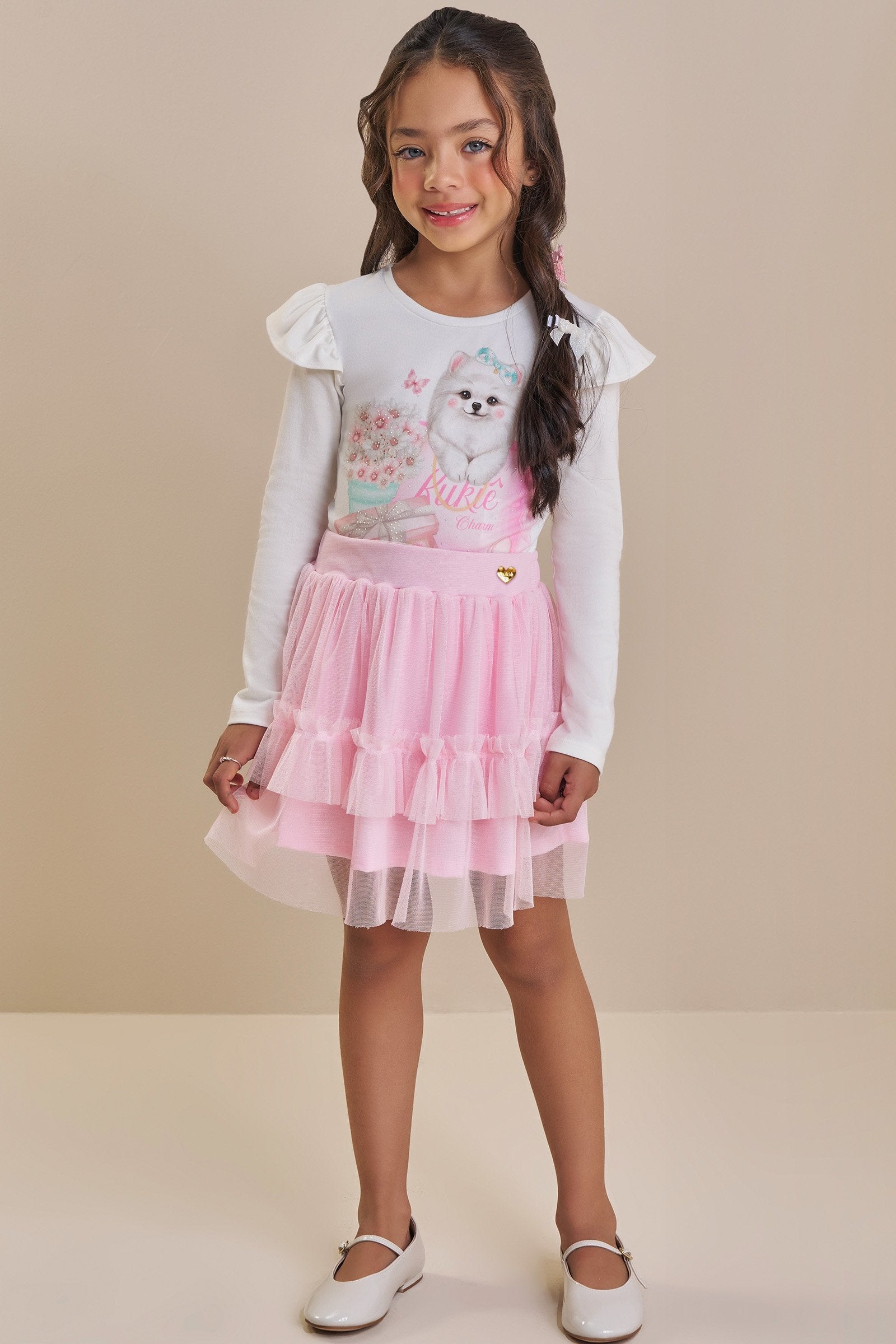 Conjunto de Blusa em Cotton e Saia em Tule com Elastano (com Shorts Embutido) 91863 Kukiê Infantil Menina
