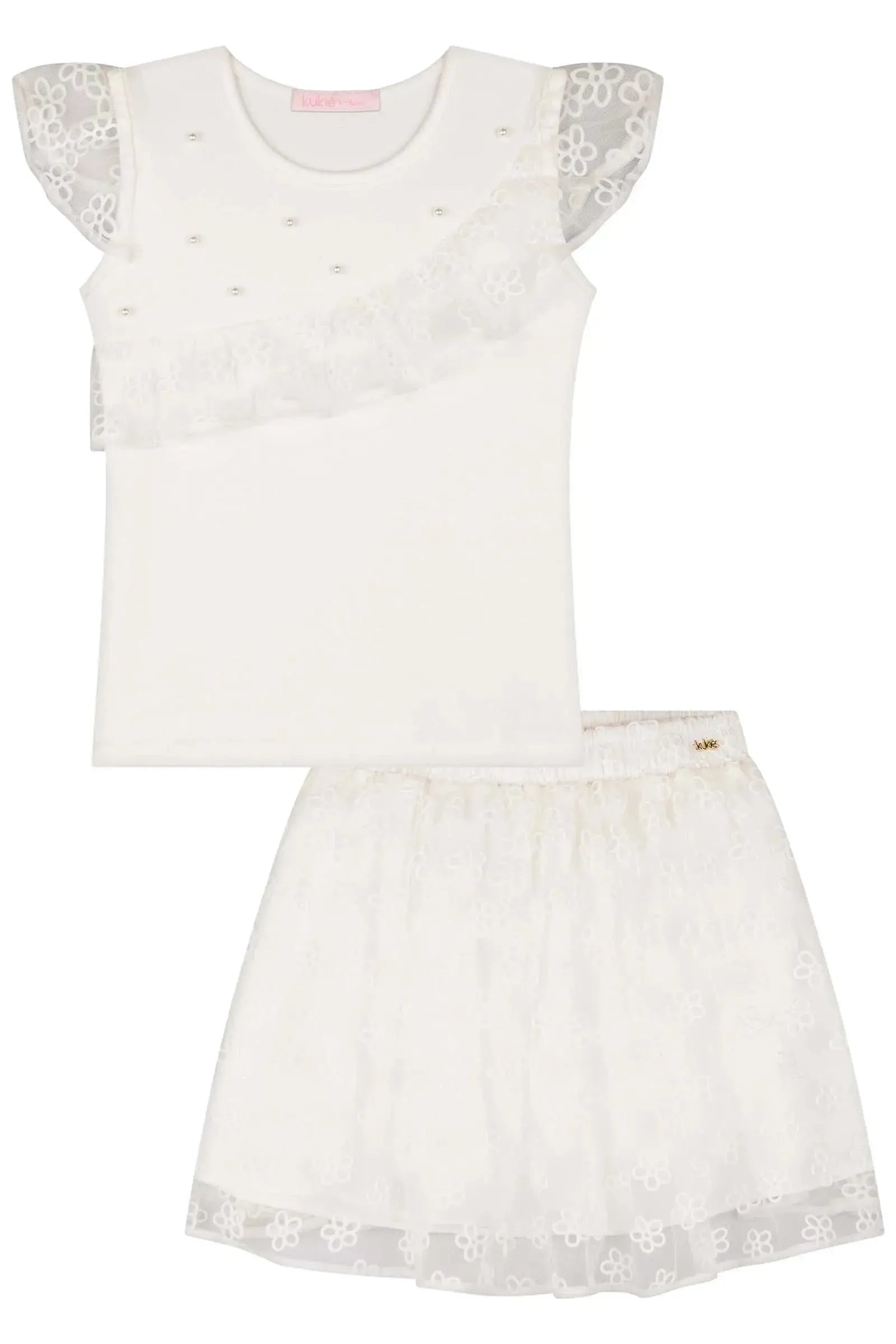 Conjunto de Blusa em Cotton e Saia em Tule Flocado (com Shorts Embutido) 83198 Kukiê Infantil Menina