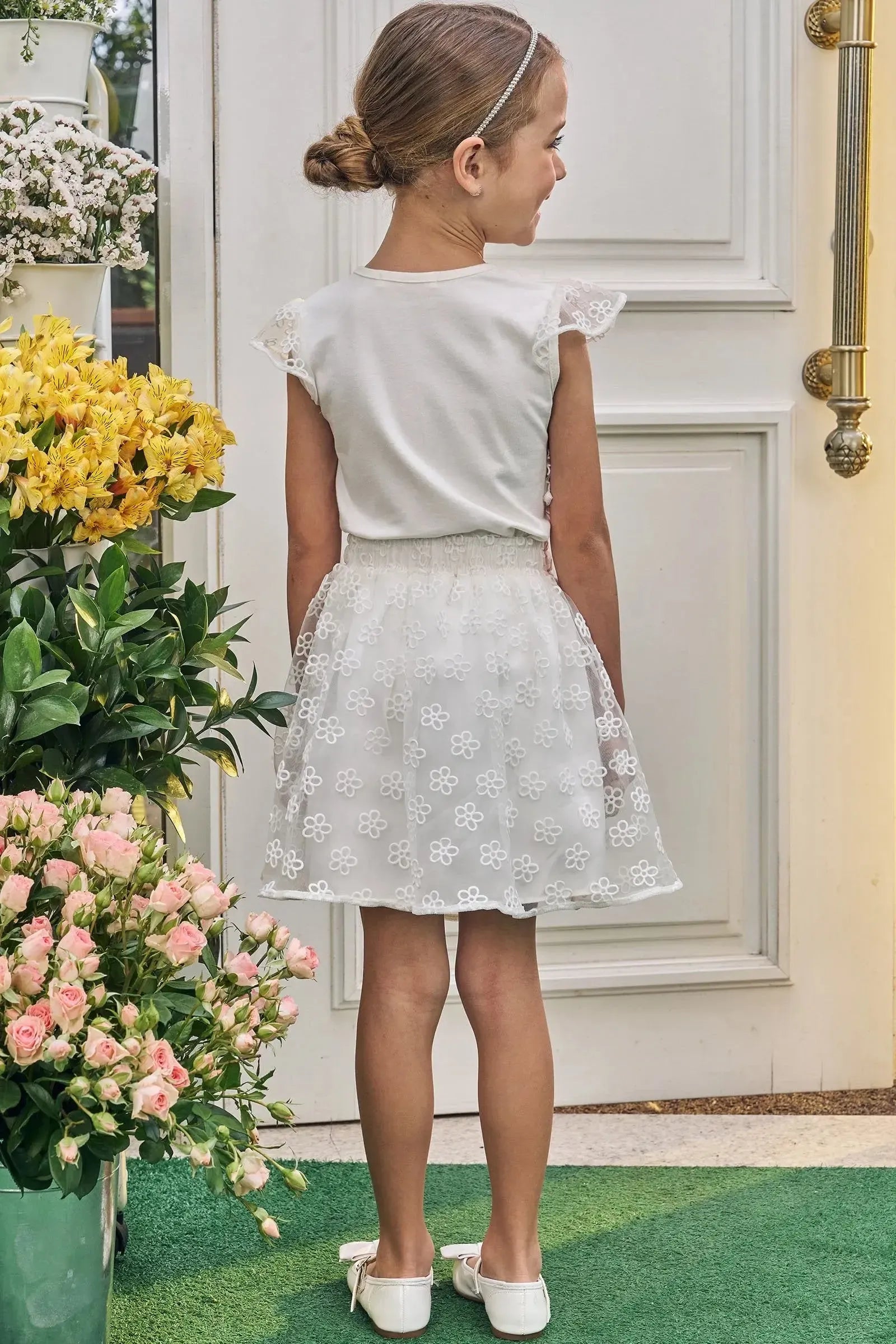 Conjunto de Blusa em Cotton e Saia em Tule Flocado (com Shorts Embutido) 83198 Kukiê Infantil Menina