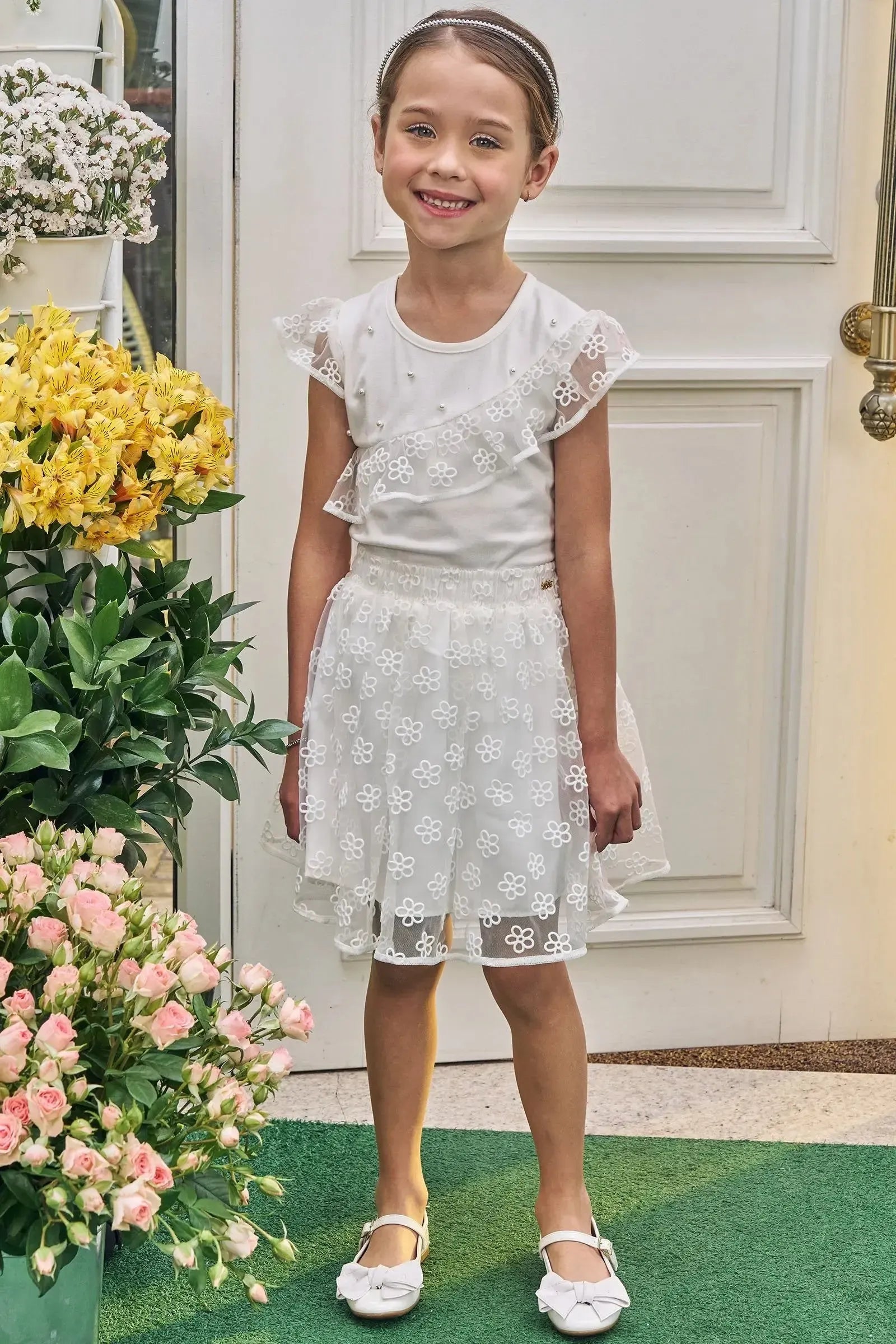 Conjunto de Blusa em Cotton e Saia em Tule Flocado (com Shorts Embutido) 83198 Kukiê Infantil Menina