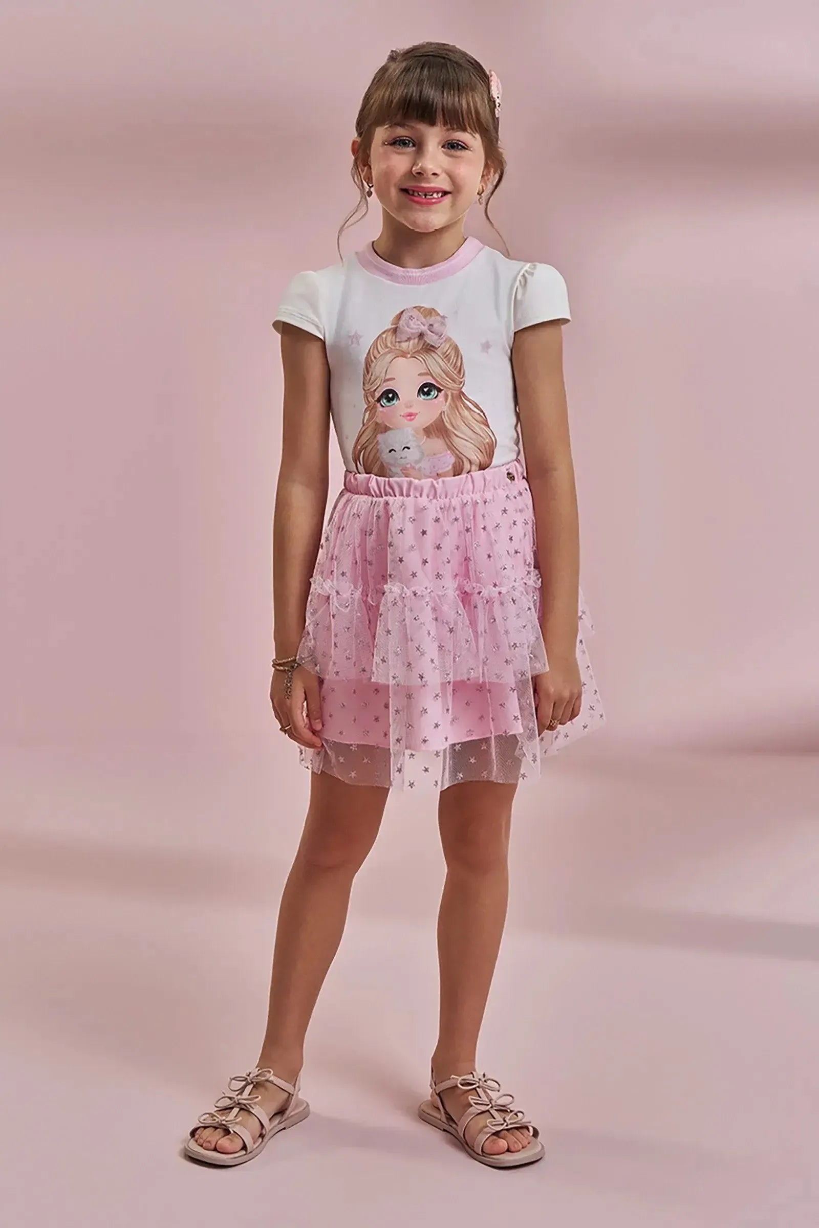 Conjunto de Blusa em Cotton e Saia em Tule Glitter Estrelas (com Shorts Embutido) 96790 Kukiê Infantil Menina