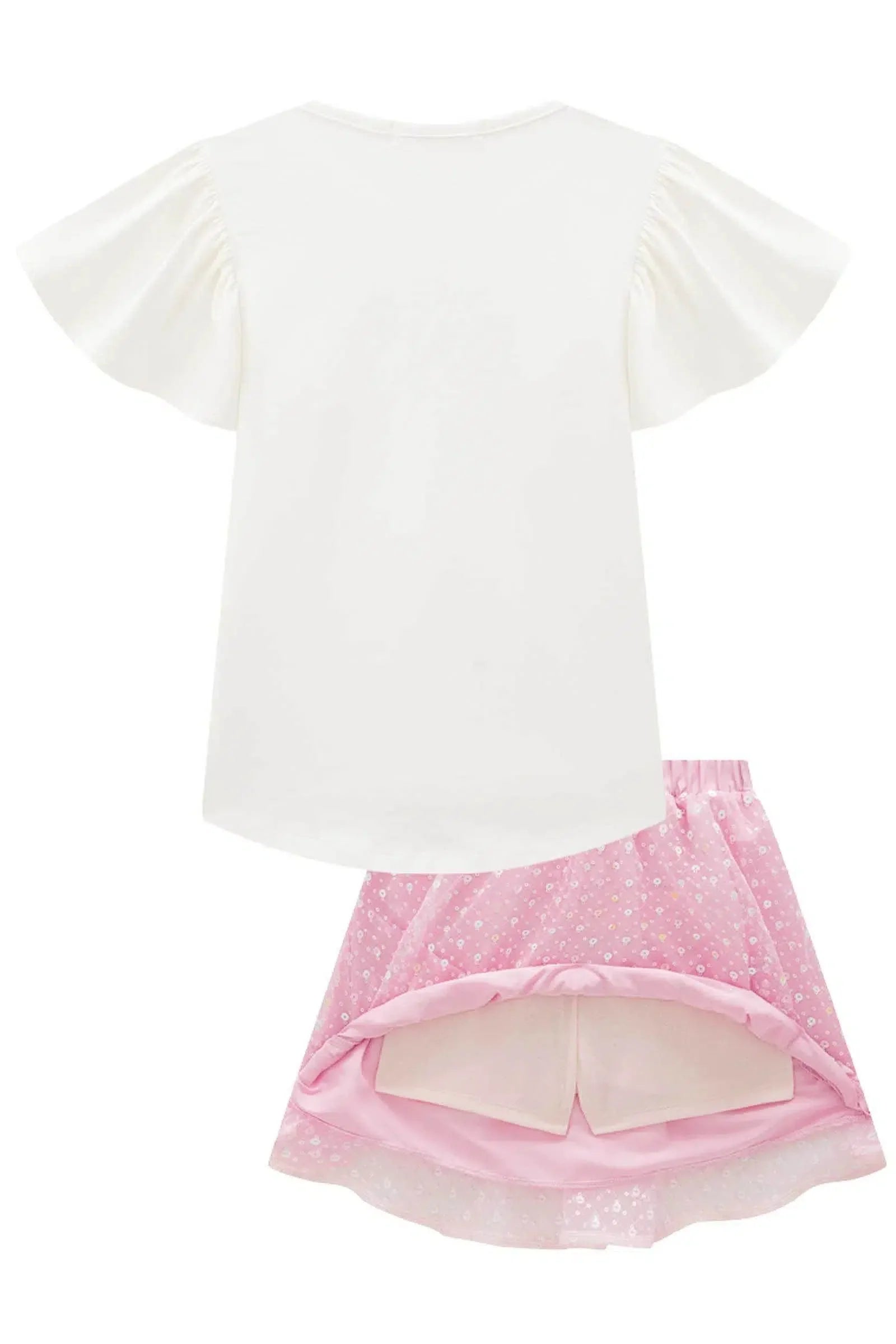 Conjunto Infantil Menina de Blusa em Cotton e Saia em Tule Paetê Bordado 81380 Kukiê