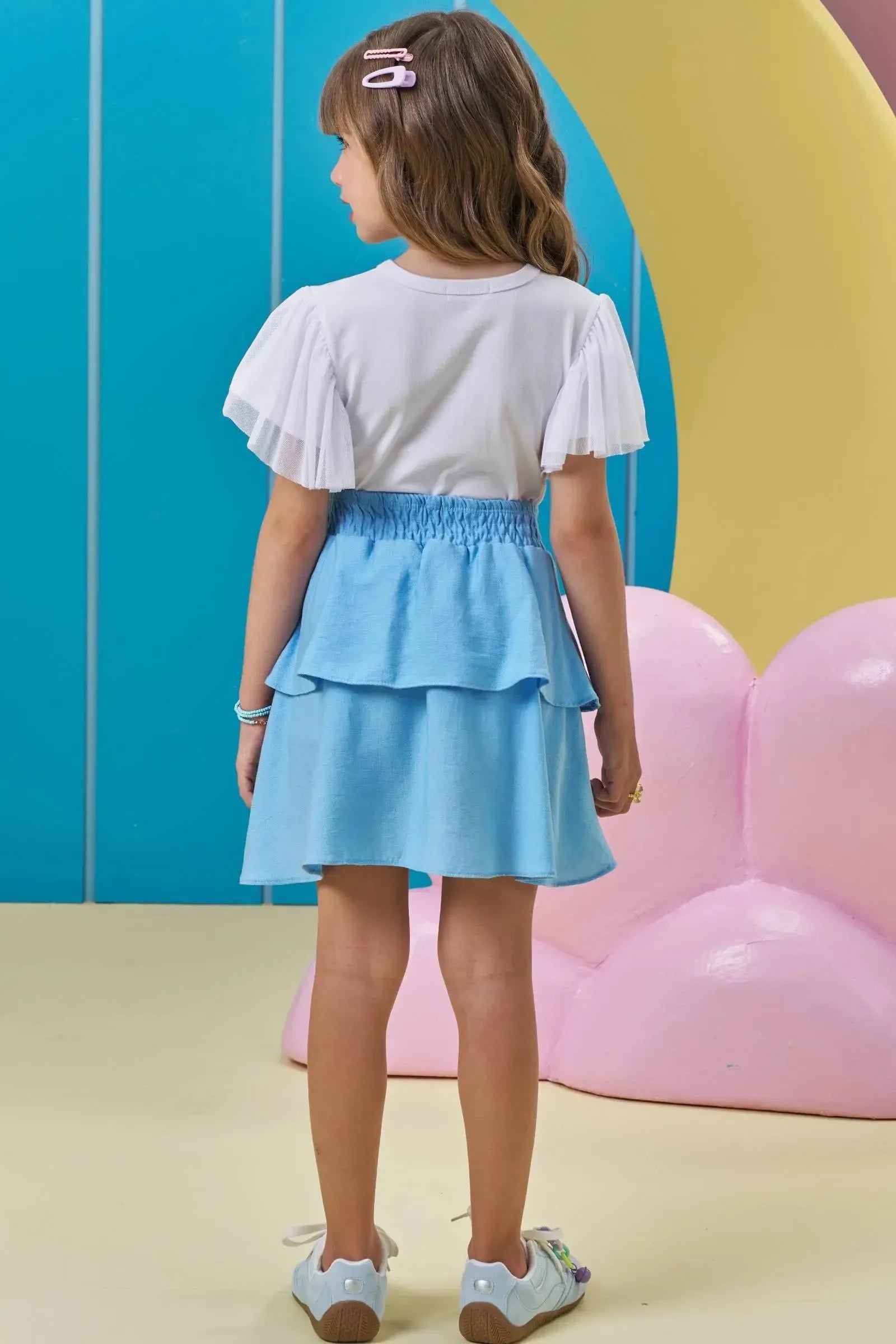 Conjunto de Blusa em Cotton e Saia em Viscose (com Shorts Embutido) 96682 Kukiê Infantil Menina