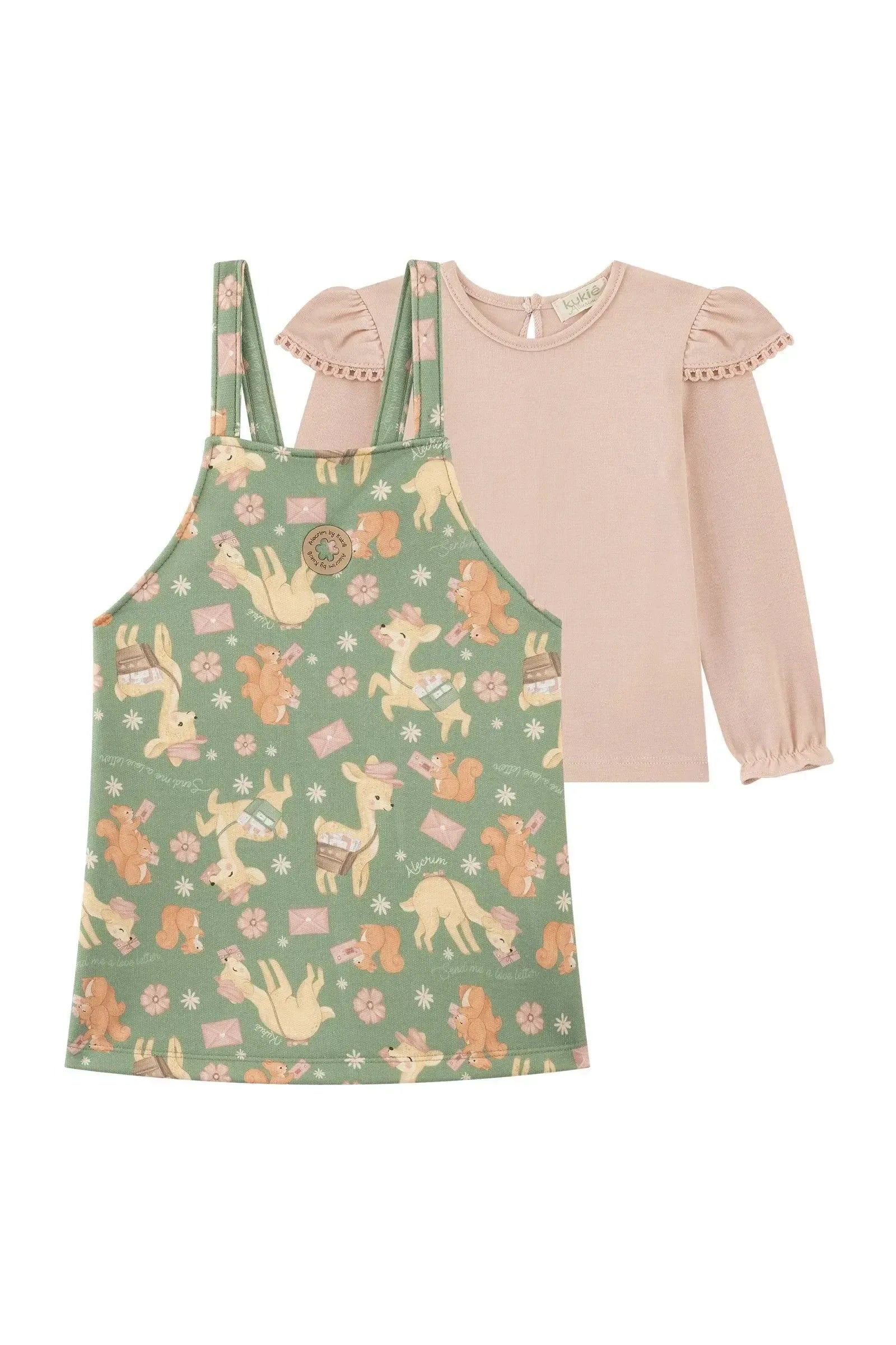 Conjunto de Blusa em Cotton e Salopete em Moletom com Pelúcia 90309 Kukiê Bebê Menina