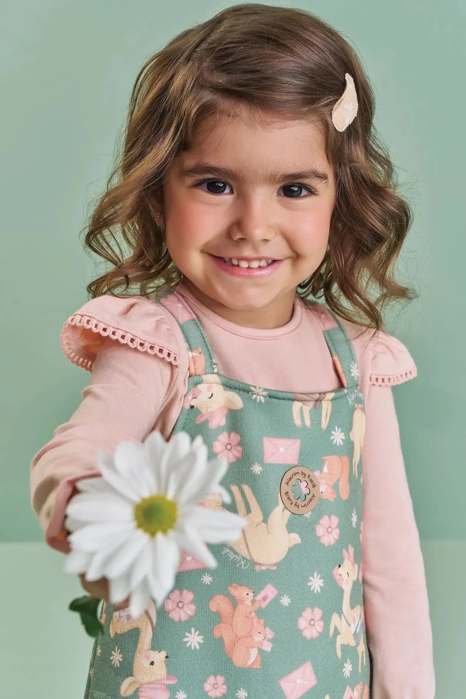 Conjunto de Blusa em Cotton e Salopete em Moletom com Pelúcia 90309 Kukiê Bebê Menina