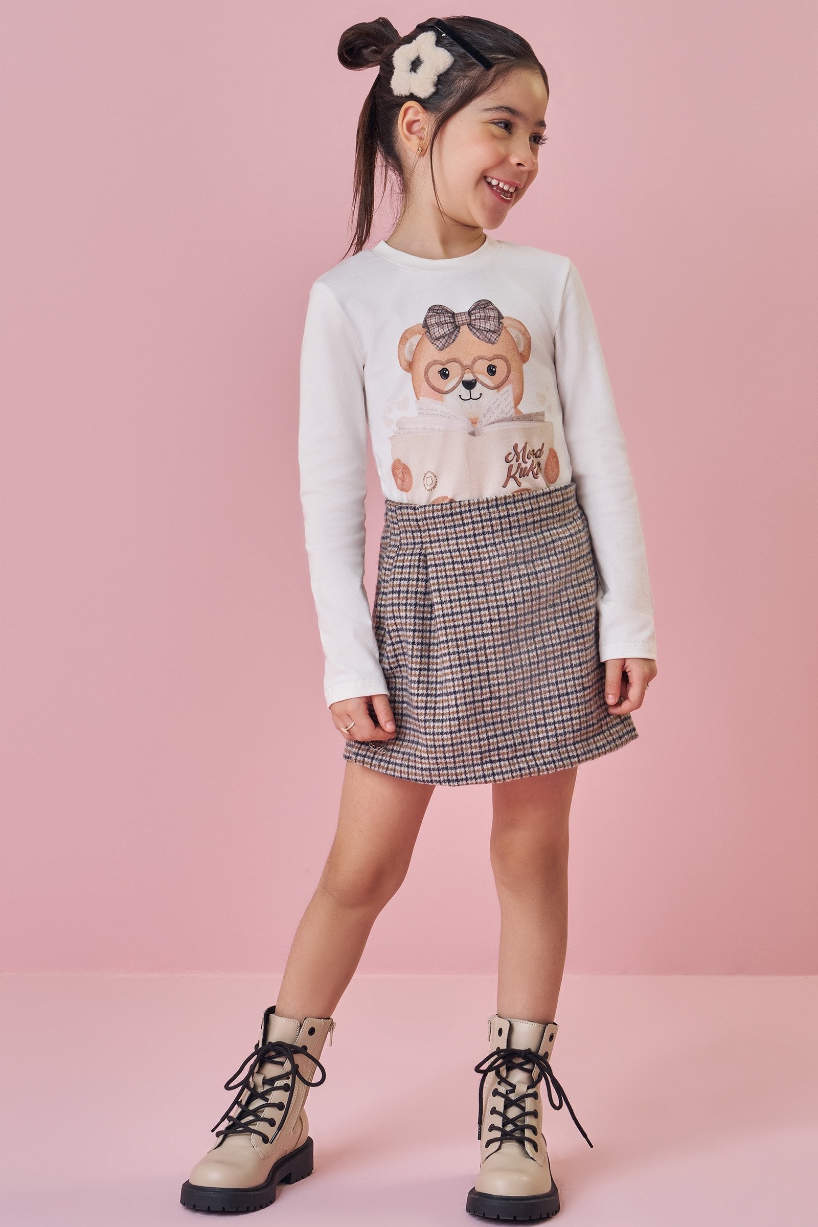 Conjunto de Blusa em Cotton e Short Saia em Flanela Zurique 92485 Kukiê Infantil Menina