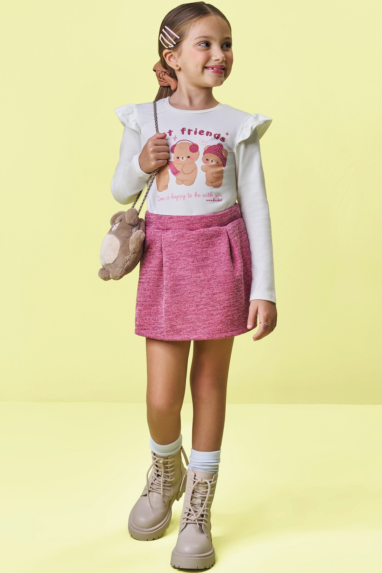 Conjunto de Blusa em Cotton e Short Saia em Malha Shine 92679 Kukiê Infantil Menina