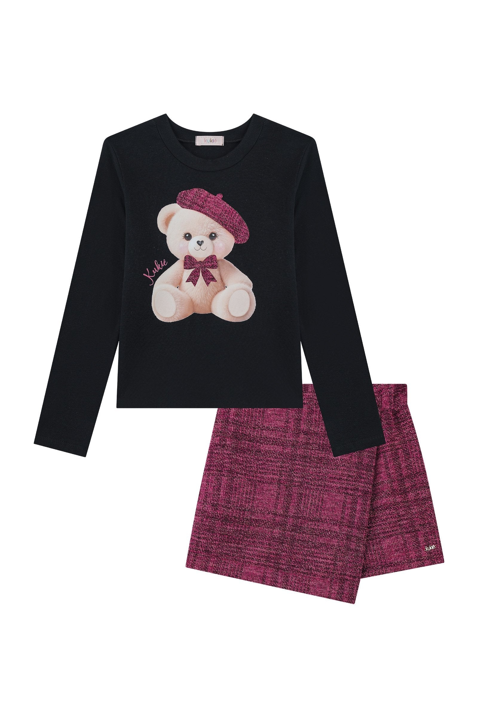 Conjunto de Blusa em Cotton e Short Saia em Malha Tweed Brilho 92501 Kukiê Infantil Menina