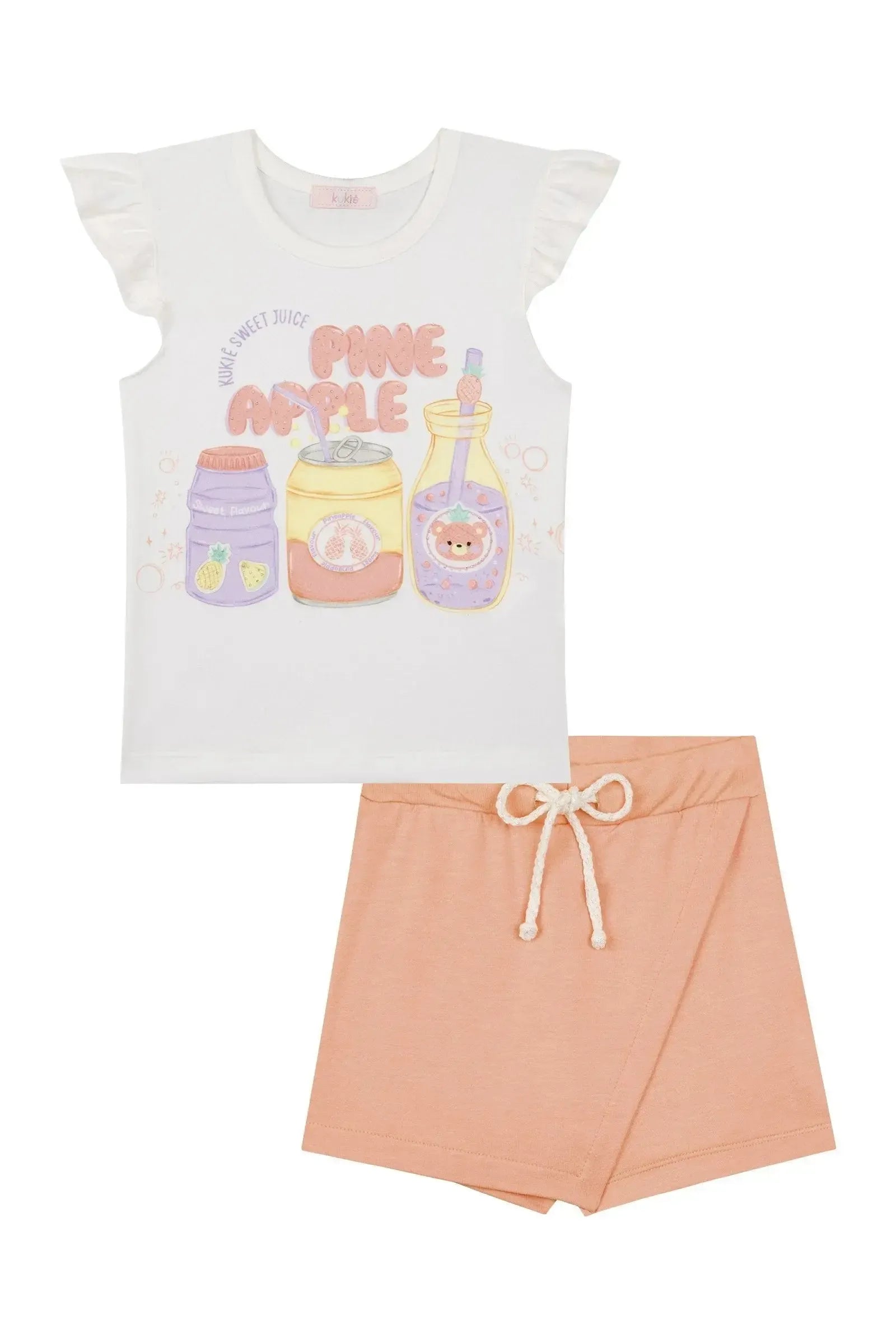 Conjunto de Blusa em Cotton e Short Saia em Molevisco 88344 Kukiê Infantil Menina