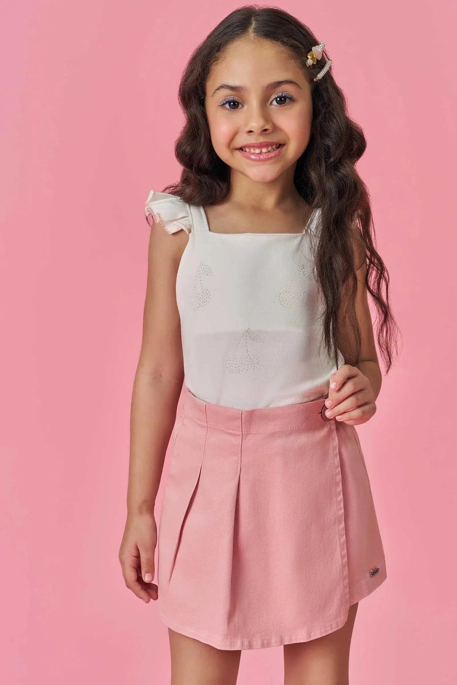 Conjunto Infantil Menina de Blusa em Cotton e Short Saia em Sarja com Elastano 81338 Kukiê