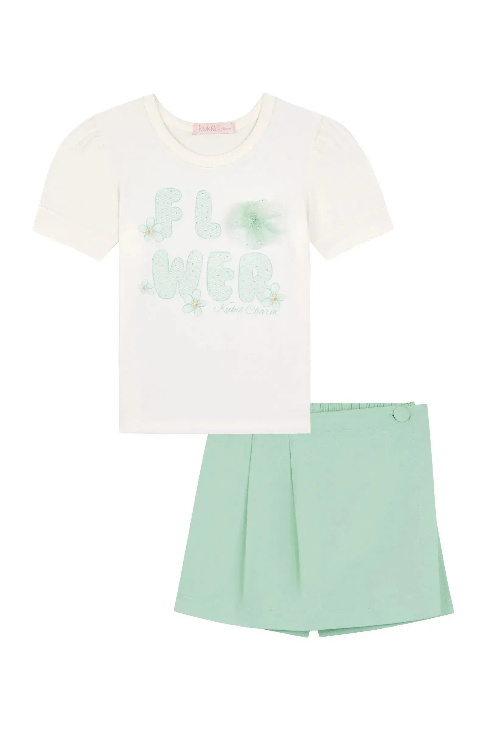 Conjunto de Blusa em Cotton e Short Saia em Sarja com Elastano 87558 Kukiê Infantil Menina