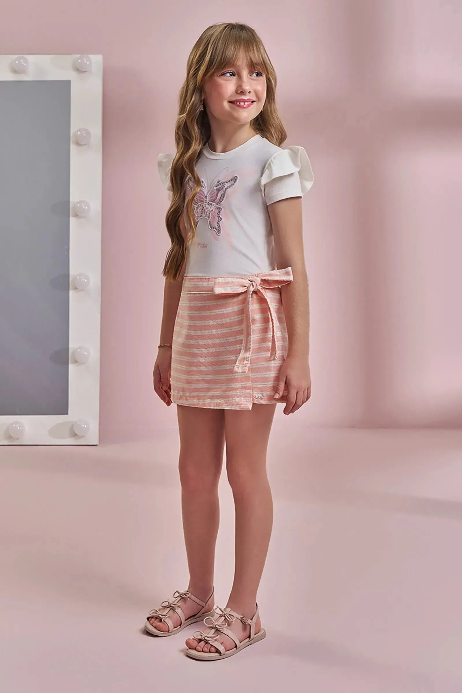 Conjunto de Blusa em Cotton e Short Saia em Tecido Listrado Shine 93655 Kukiê Infantil Menina