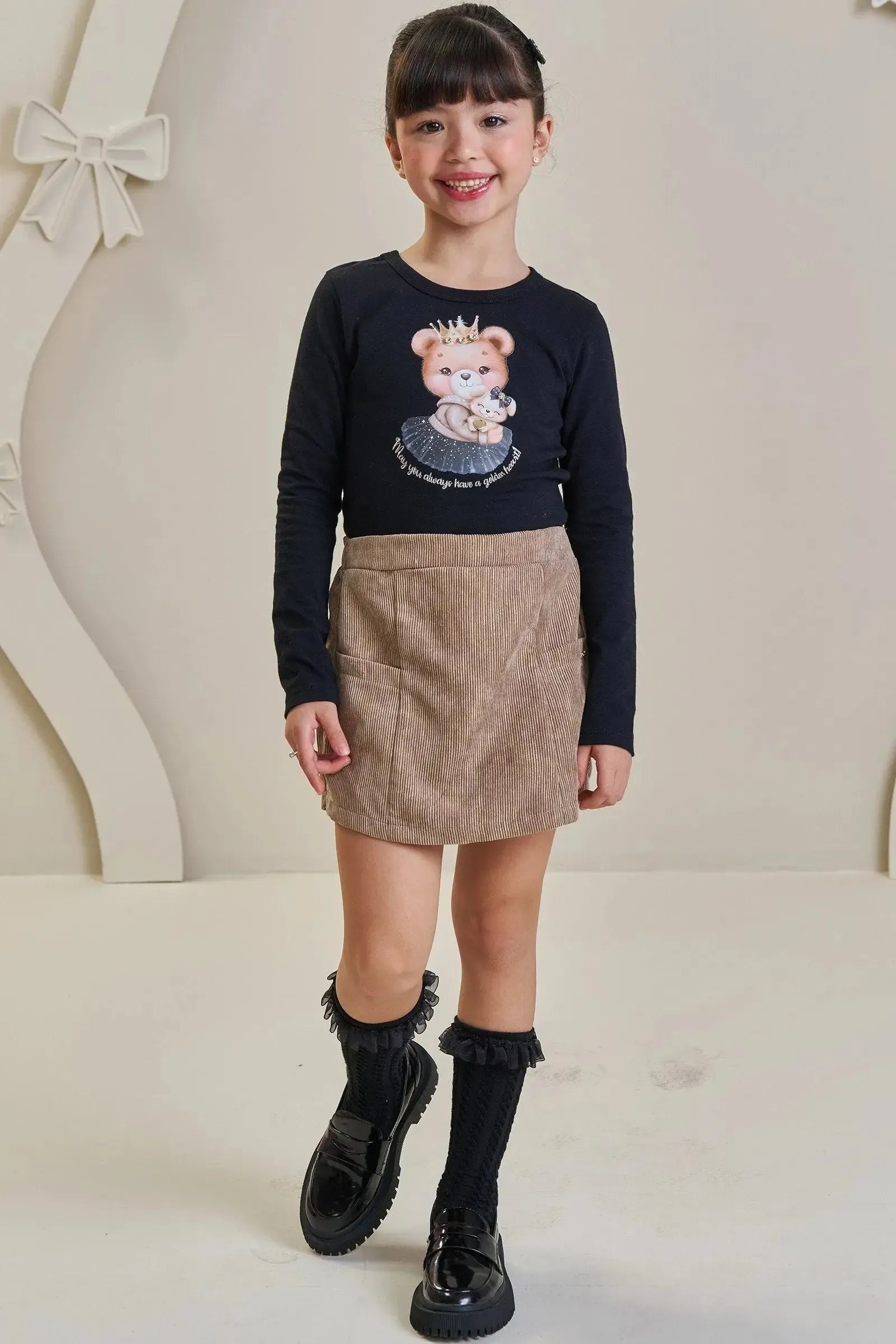 Conjunto de Blusa em Cotton e Short Saia em Veludo Cotelê Gold 93044 Infanti Infantil Menina