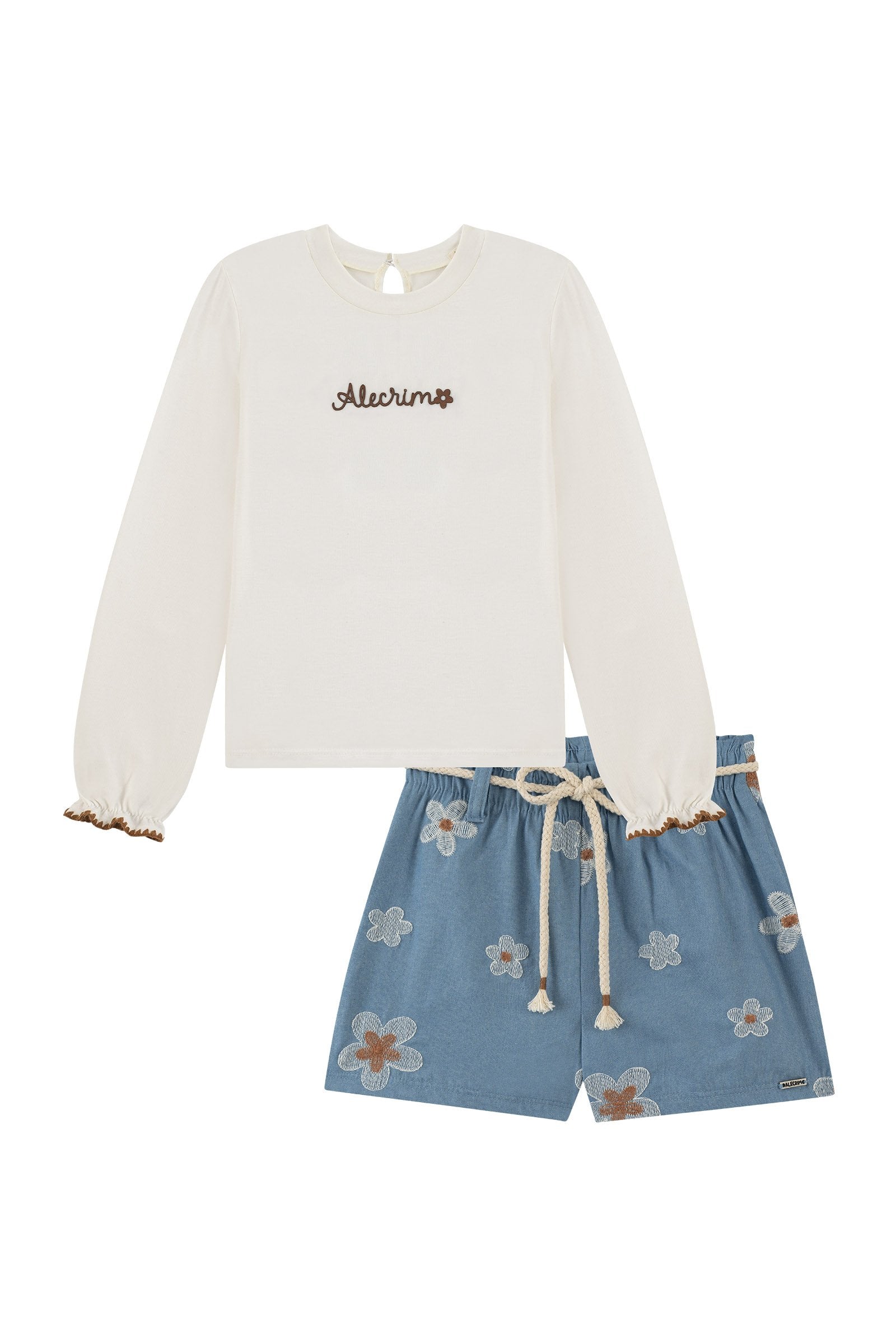 Conjunto de Blusa em Cotton e Shorts em Denim Bordado 92466 Kukiê Infantil Menina