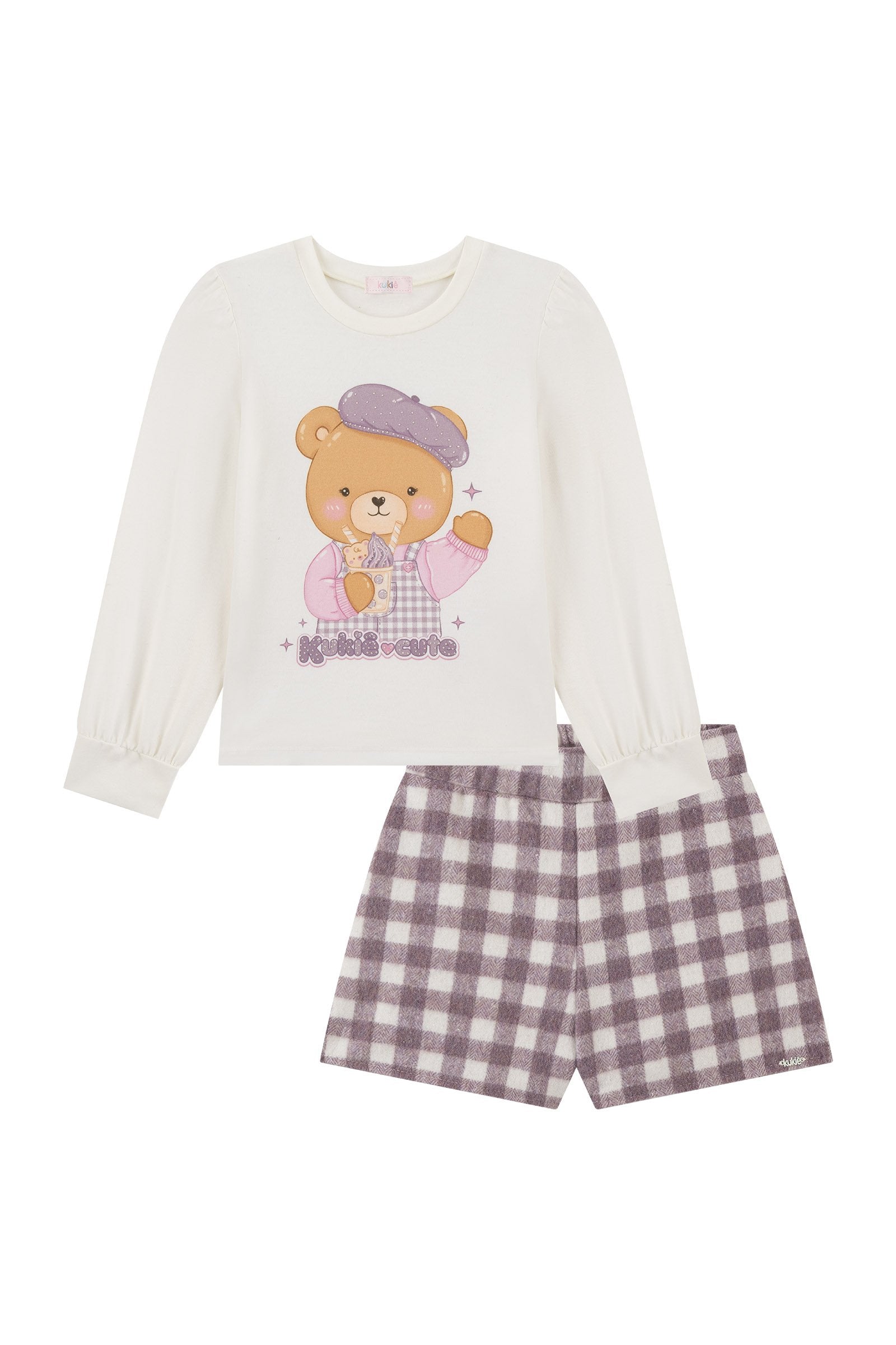 Conjunto de Blusa em Cotton e Shorts em Lã Batida 92660 Kukiê Infantil Menina