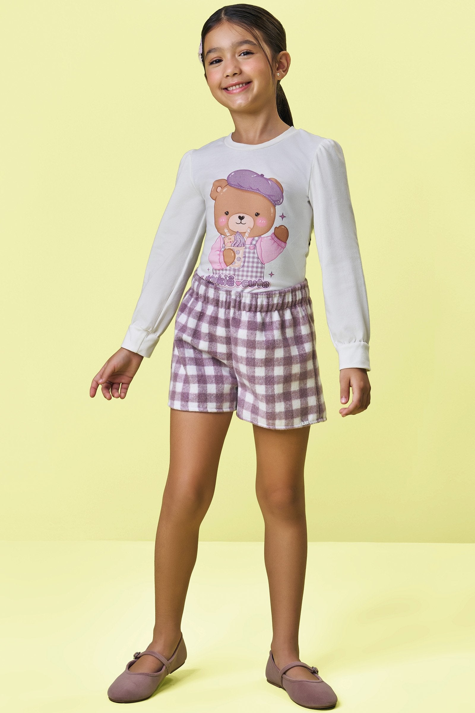 Conjunto de Blusa em Cotton e Shorts em Lã Batida 92660 Kukiê Infantil Menina