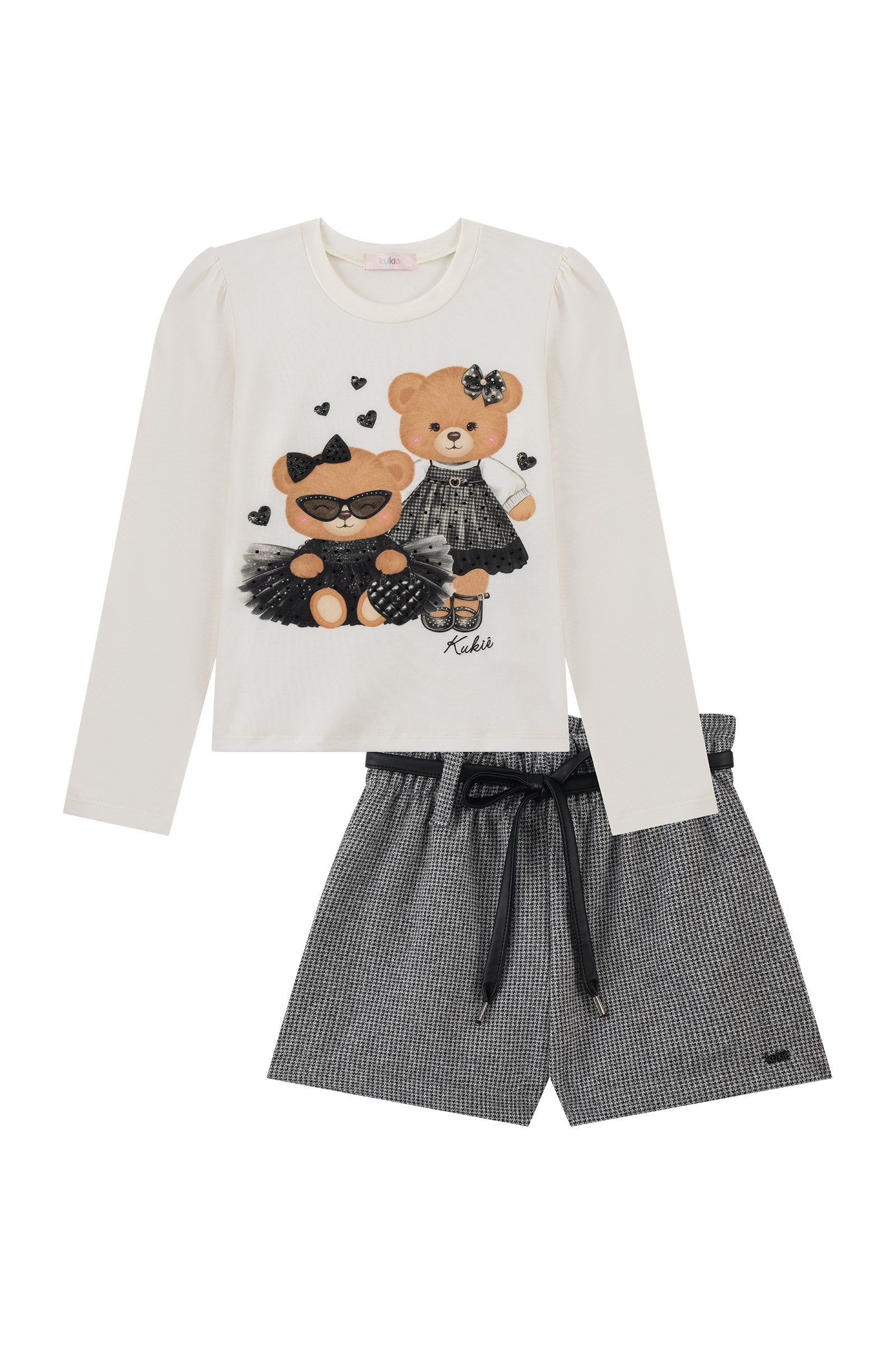 Conjunto de Blusa em Cotton e Shorts em Lã Pied de Poule 90672 Kukiê Infantil Menina