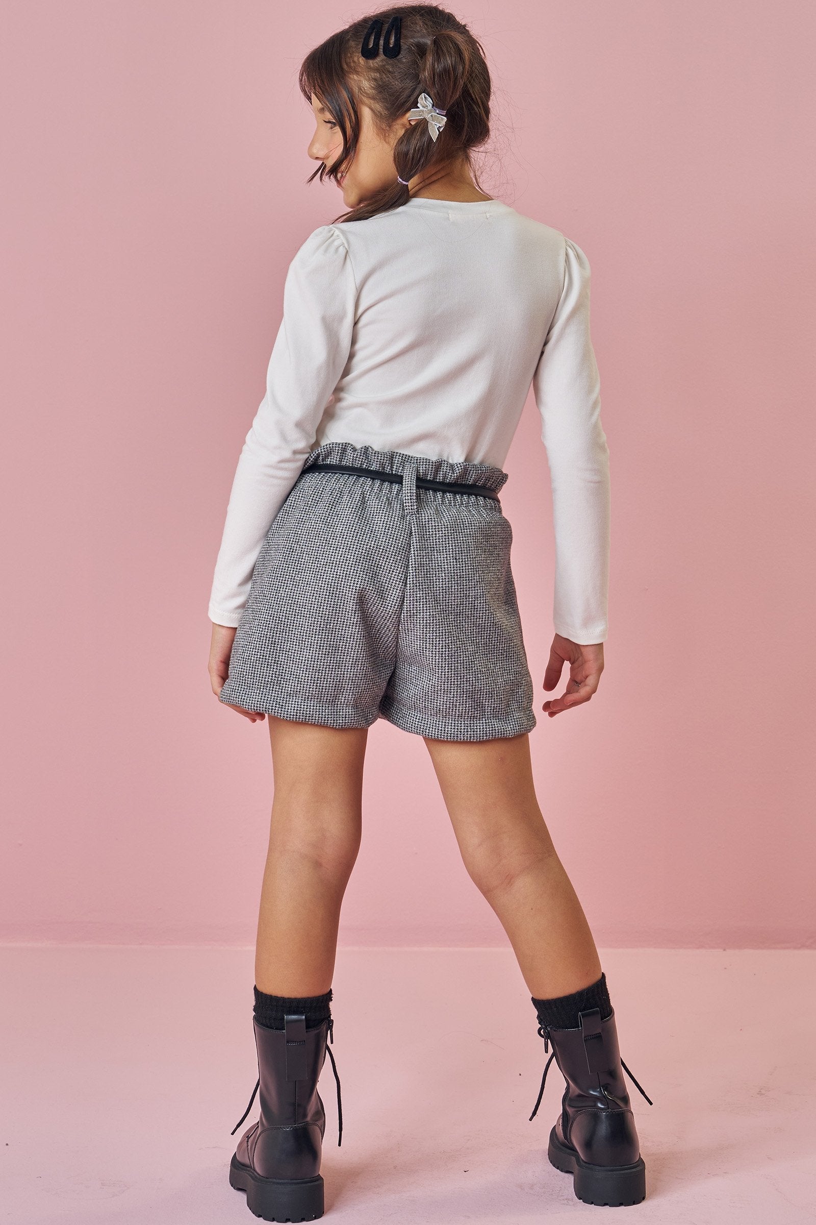 Conjunto de Blusa em Cotton e Shorts em Lã Pied de Poule 90672 Kukiê Infantil Menina